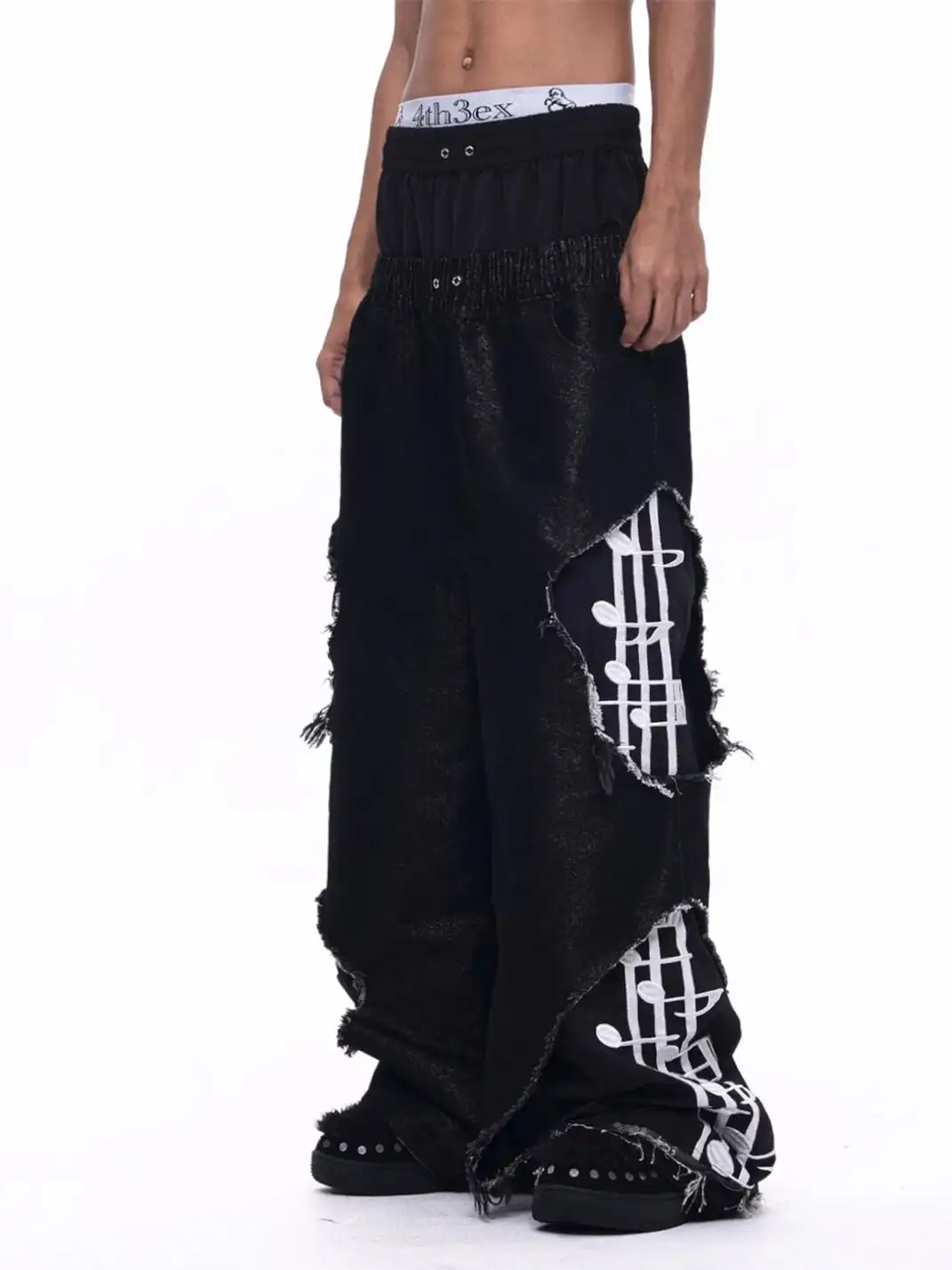 Fourth3ex | Distressed Double Waist Note Jeans