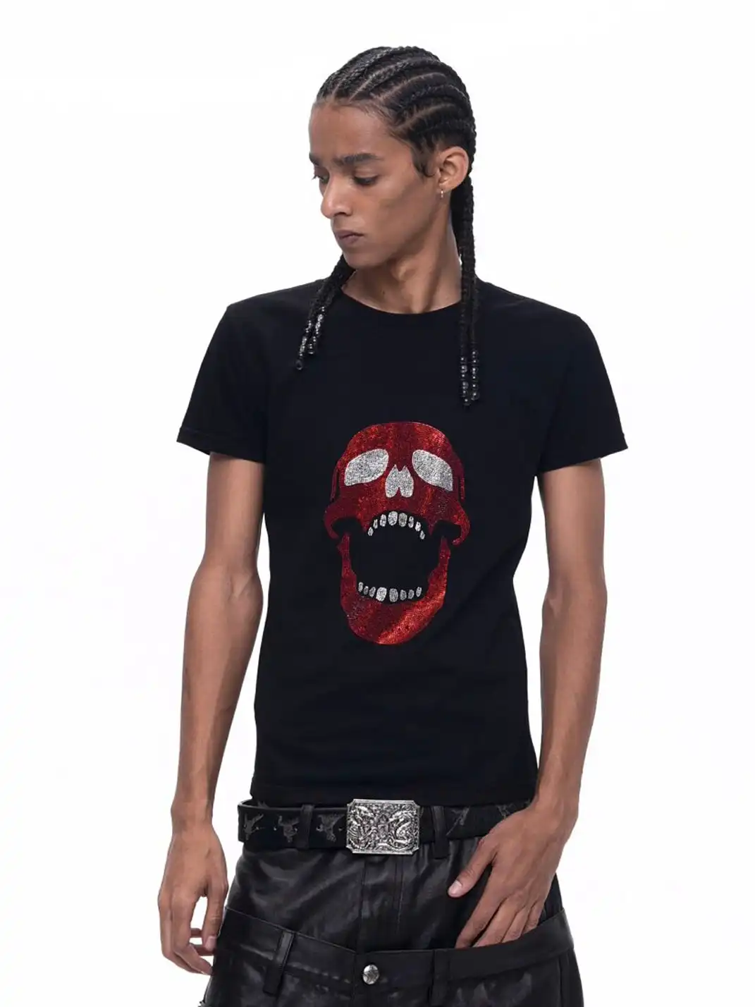 Fourth3ex | Skull Rhinestone Regular Shoulder T-Shirt