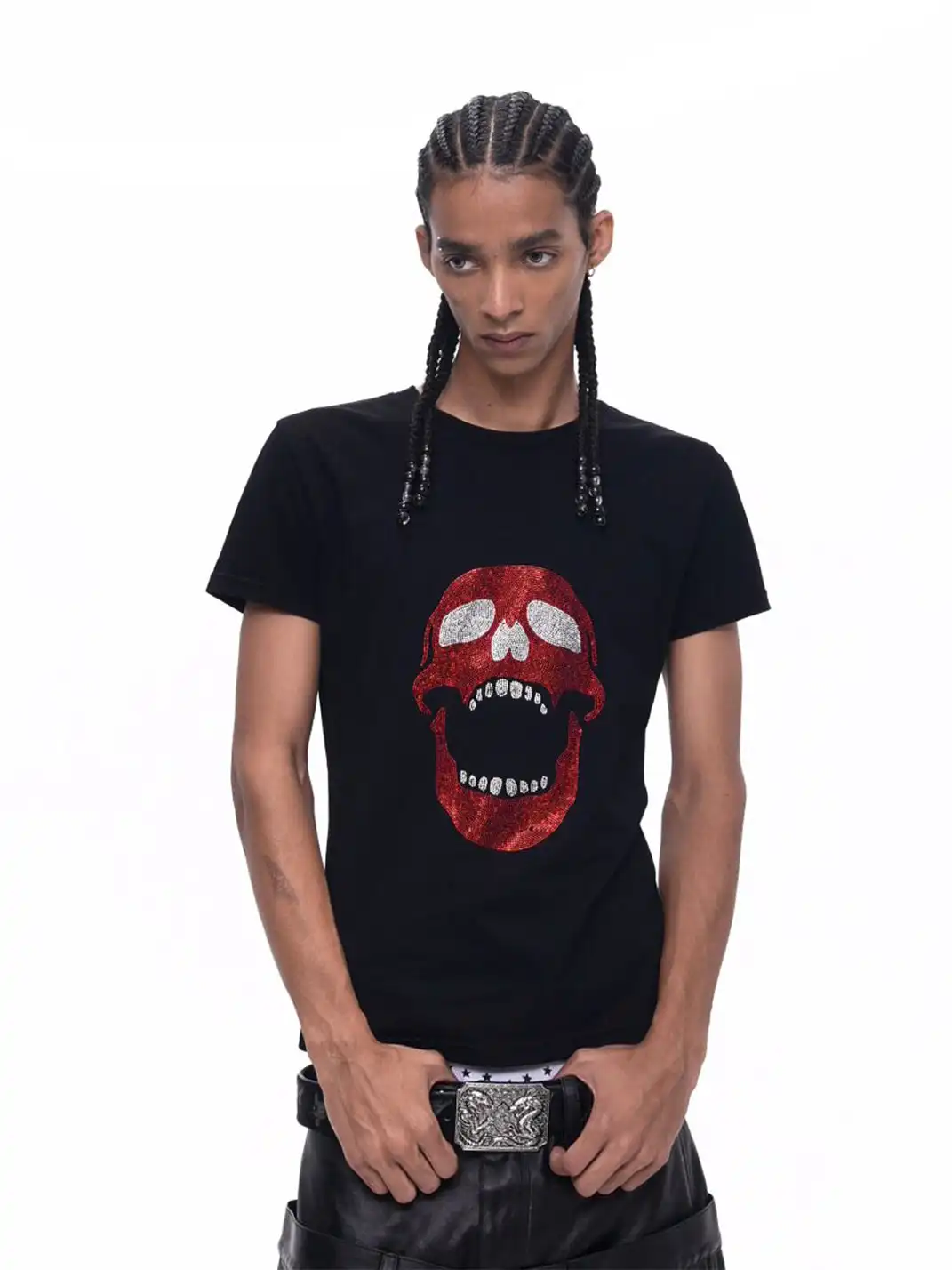 Fourth3ex | Skull Rhinestone Regular Shoulder T-Shirt