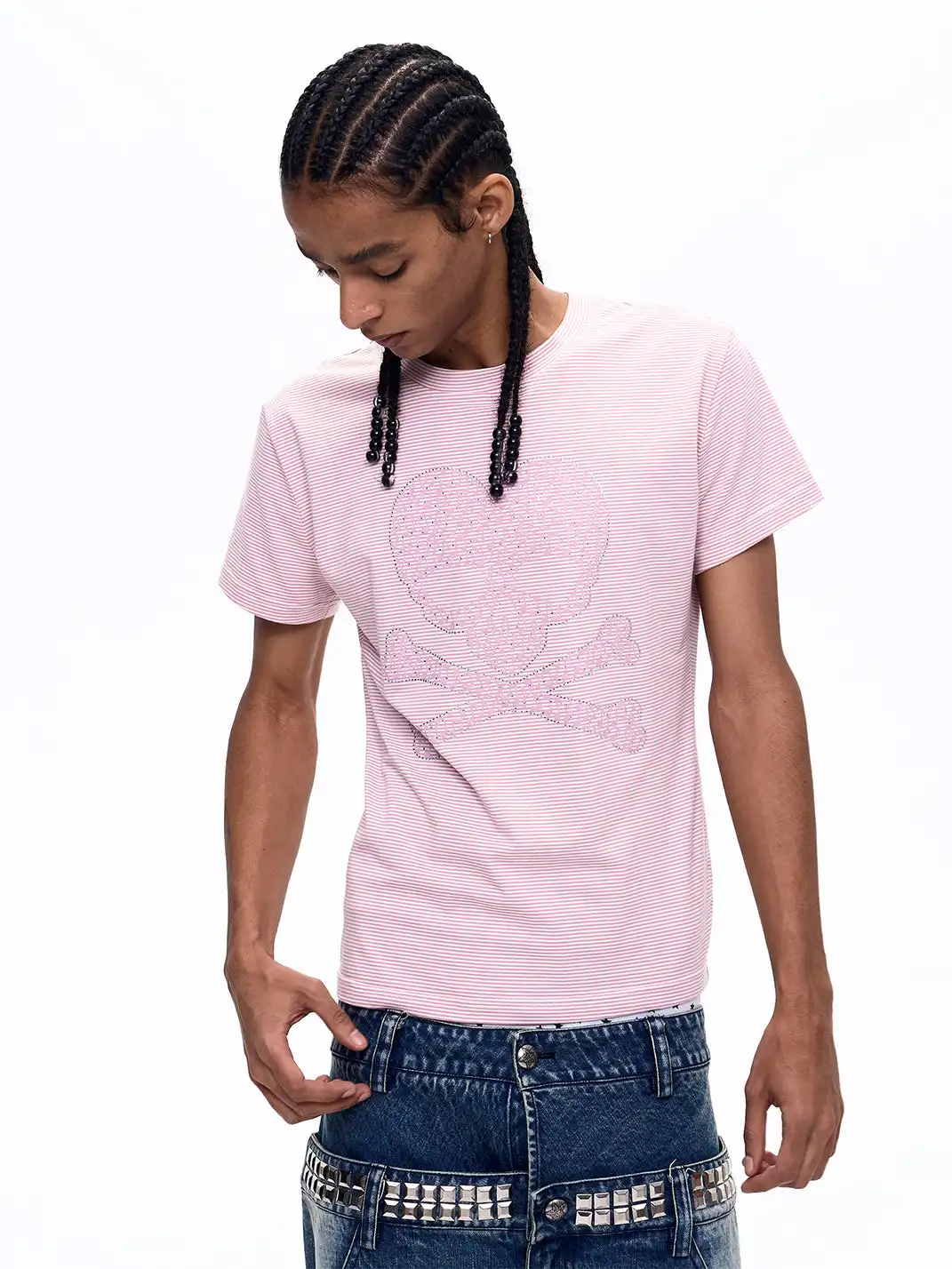 Fourth3ex | Rhinestone Skull Printed Striped T-Shirt