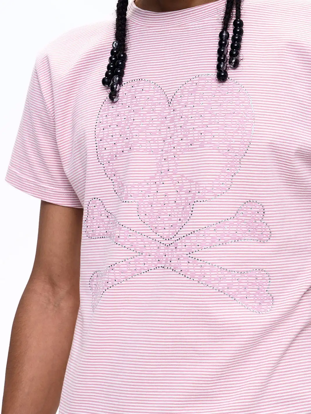 Fourth3ex | Rhinestone Skull Printed Striped T-Shirt