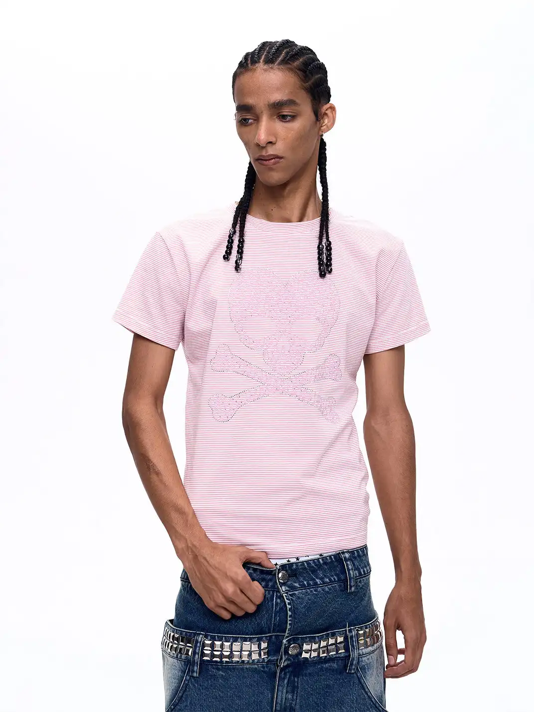 Fourth3ex | Rhinestone Skull Printed Striped T-Shirt
