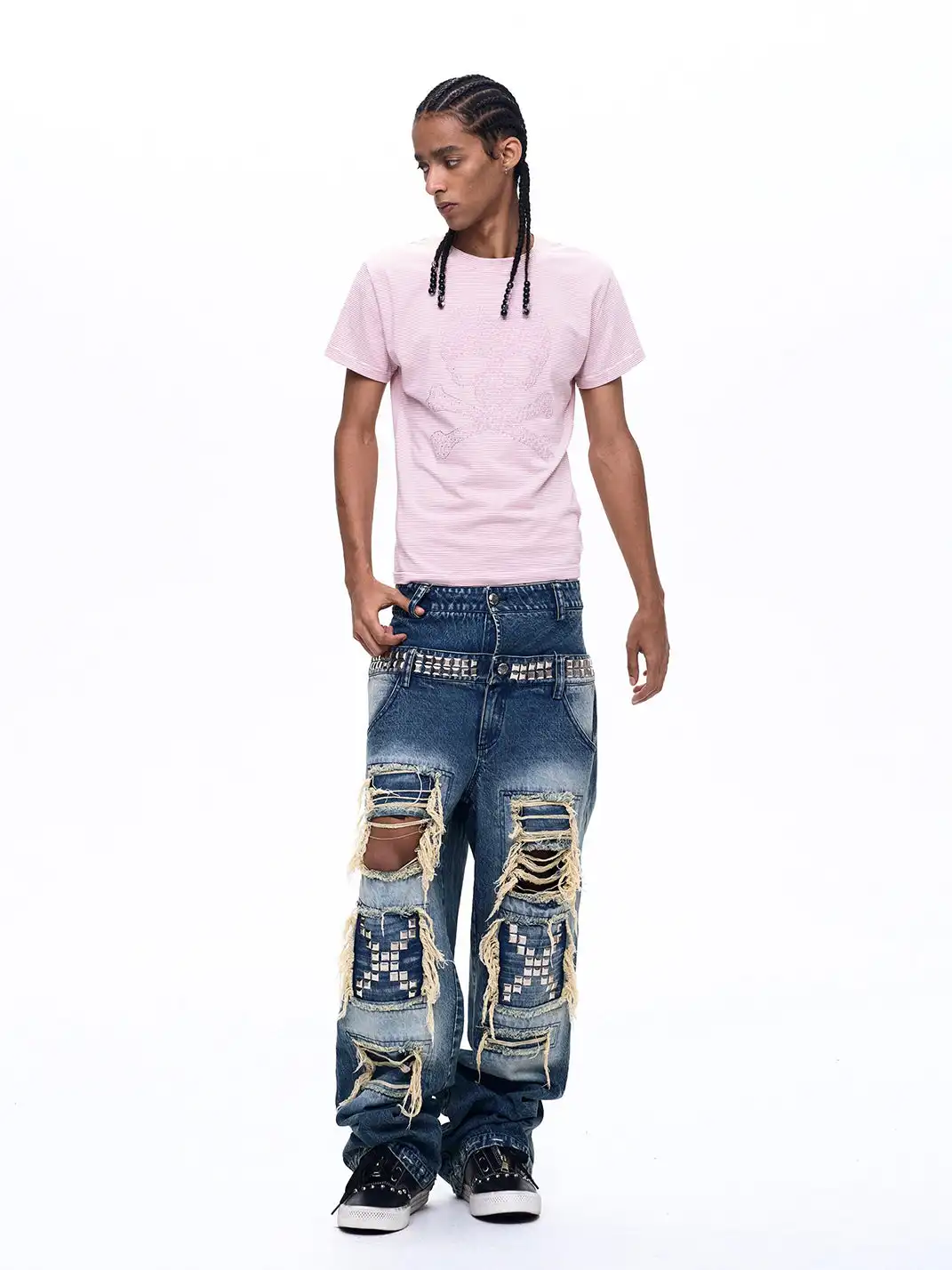 Fourth3ex | Rhinestone Skull Printed Striped T-Shirt
