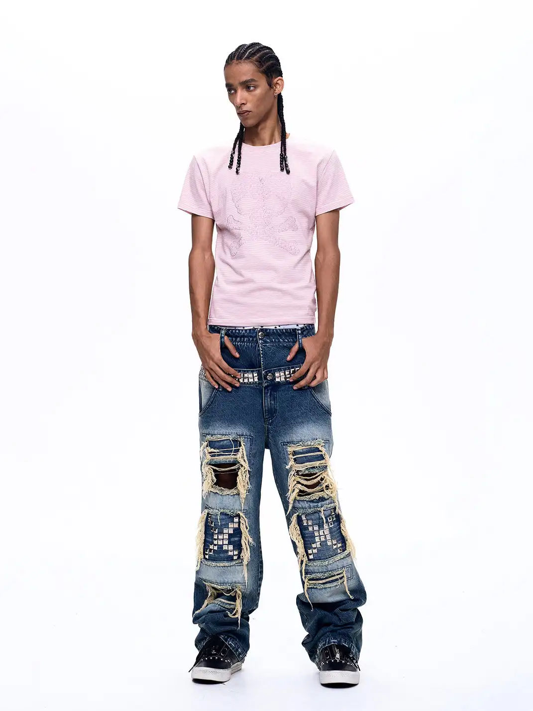 Fourth3ex | Rhinestone Skull Printed Striped T-Shirt