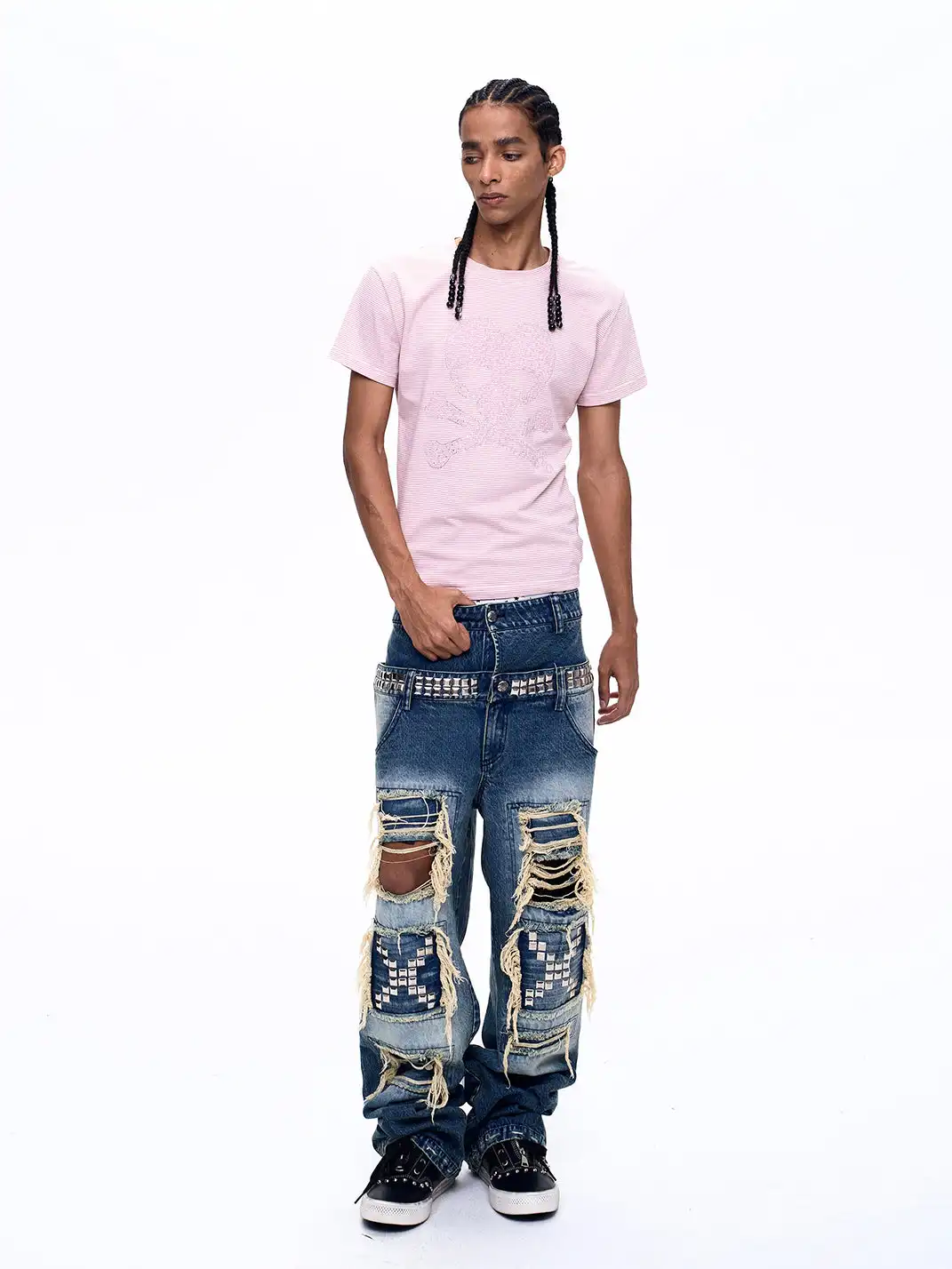 Fourth3ex | Rhinestone Skull Printed Striped T-Shirt