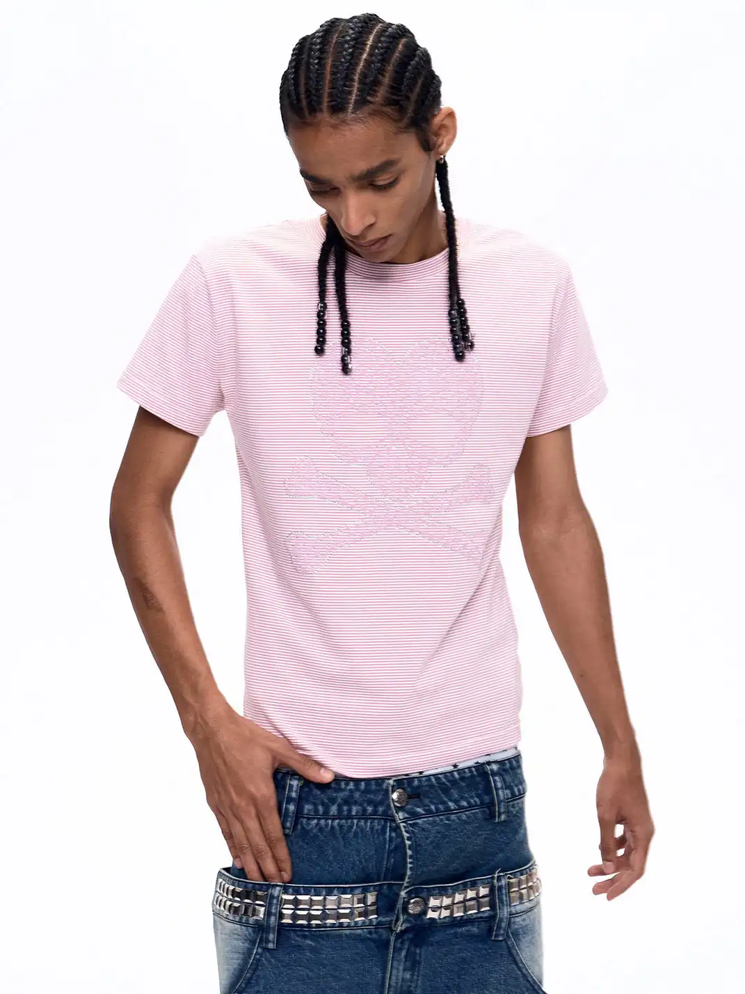 Fourth3ex | Rhinestone Skull Printed Striped T-Shirt