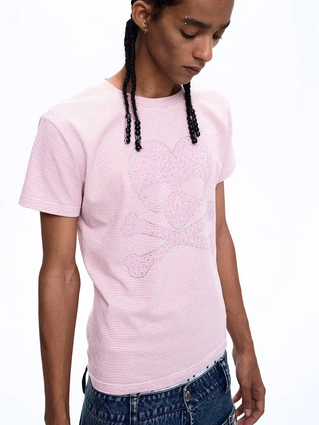 Fourth3ex | Rhinestone Skull Printed Striped T-Shirt