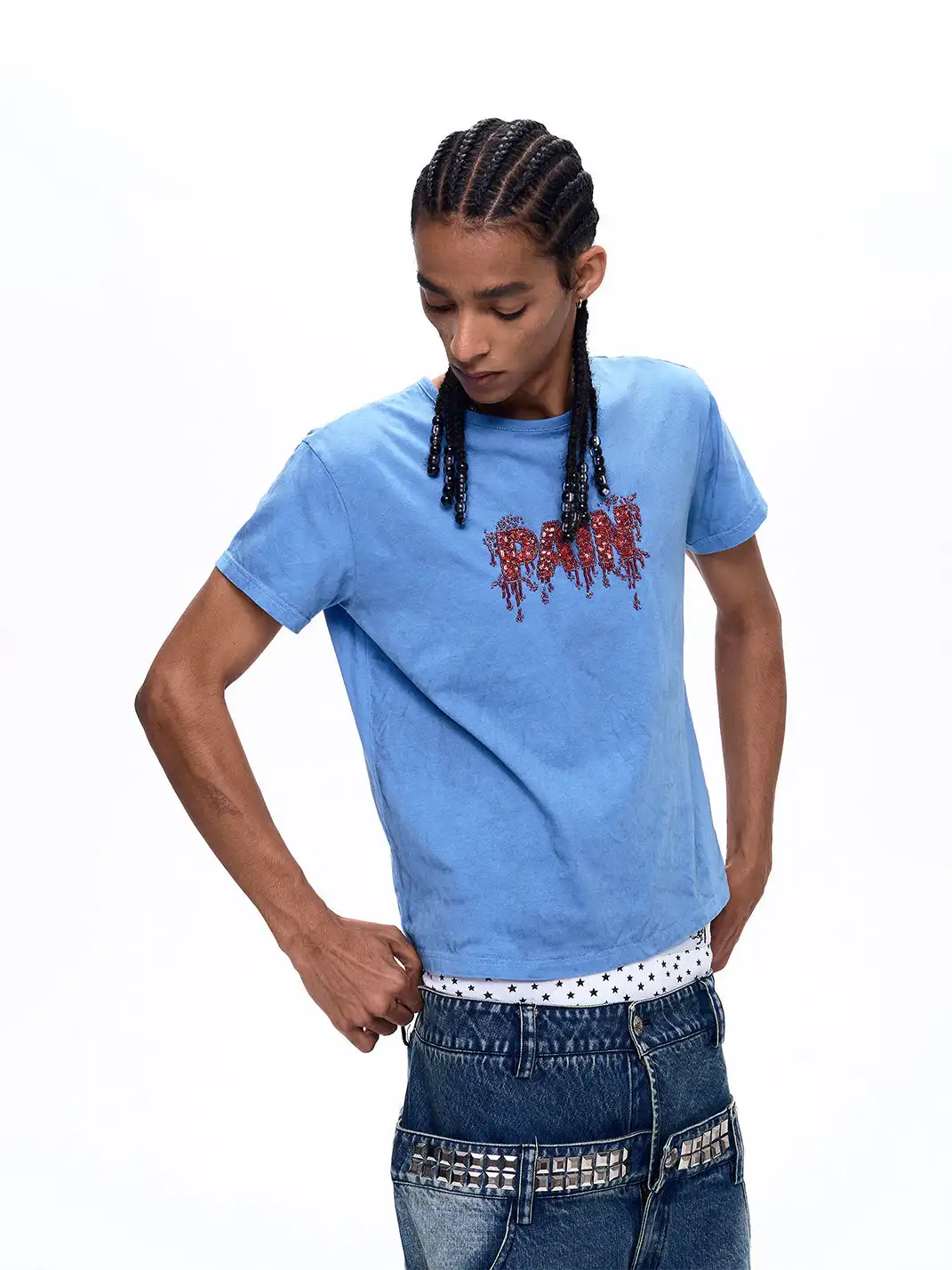 Fourth3ex | Tube Bead & Embroidery Letter Print T-Shirt