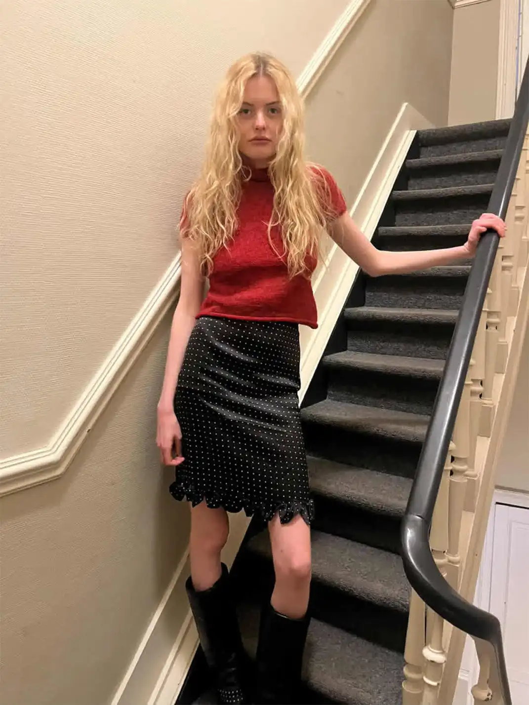 Risque Rose | Mohair Short-Sleeve Knitwear + Polka Dot Satin Silk Midi Skirt
