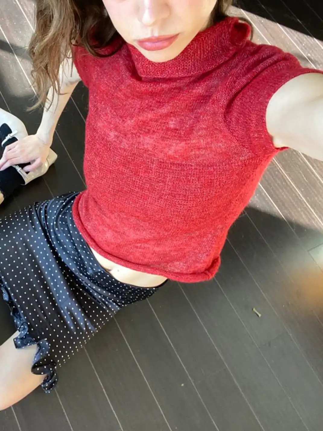 Risque Rose | Mohair Short-Sleeve Knitwear + Polka Dot Satin Silk Midi Skirt