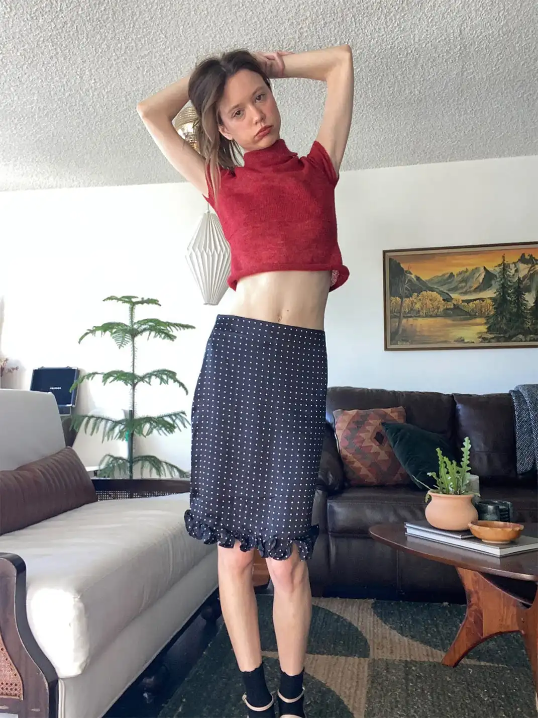 Risque Rose | Mohair Short-Sleeve Knitwear + Polka Dot Satin Silk Midi Skirt
