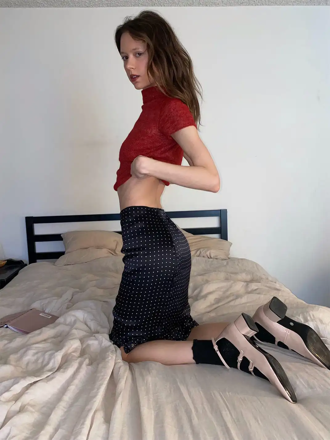 Risque Rose | Mohair Short-Sleeve Knitwear + Polka Dot Satin Silk Midi Skirt