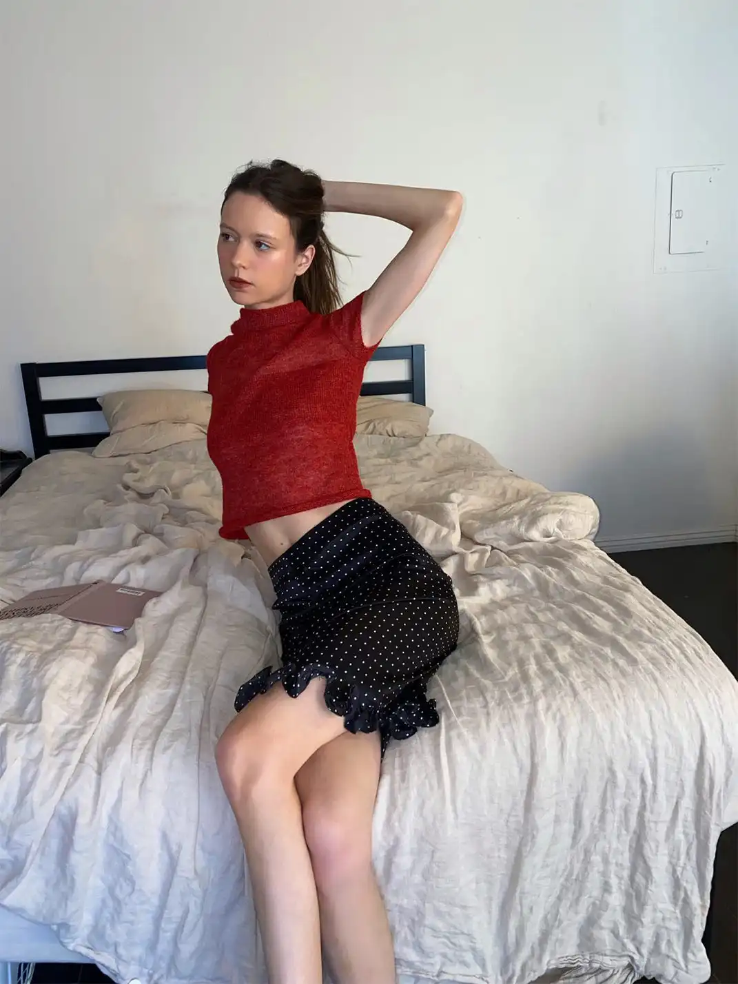 Risque Rose | Mohair Short-Sleeve Knitwear + Polka Dot Satin Silk Midi Skirt
