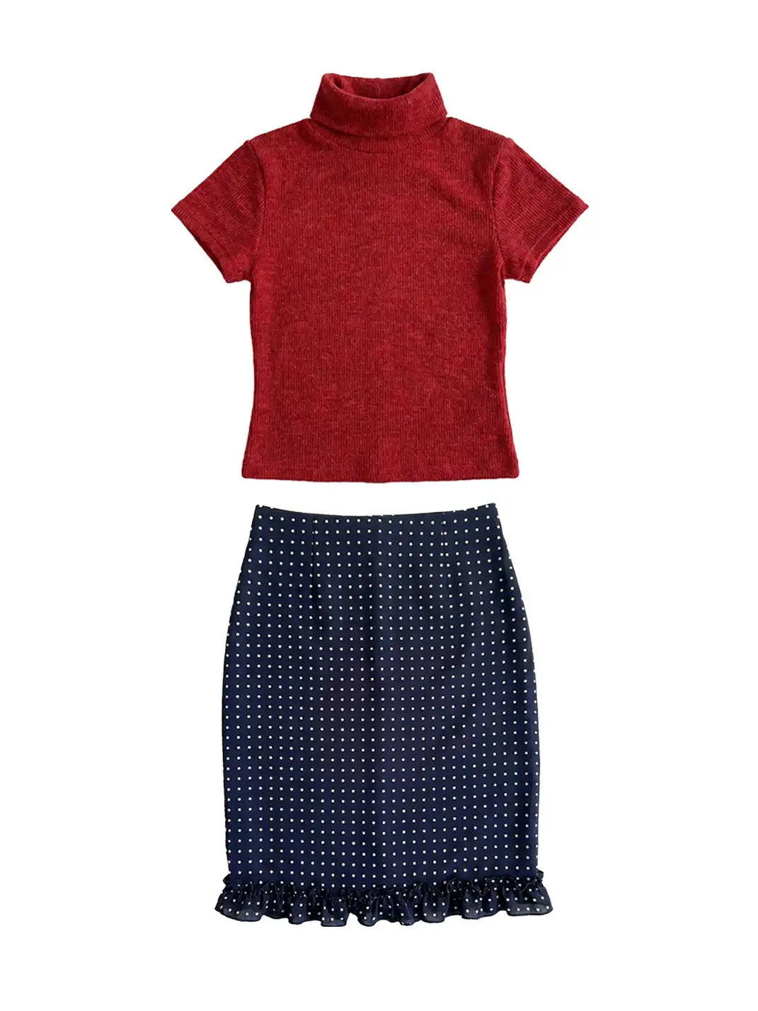 Risque Rose | Mohair Short-Sleeve Knitwear + Polka Dot Satin Silk Midi Skirt
