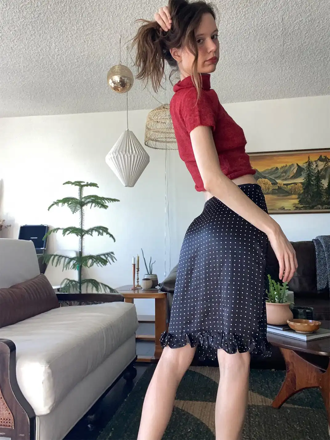 Risque Rose | Mohair Short-Sleeve Knitwear + Polka Dot Satin Silk Midi Skirt