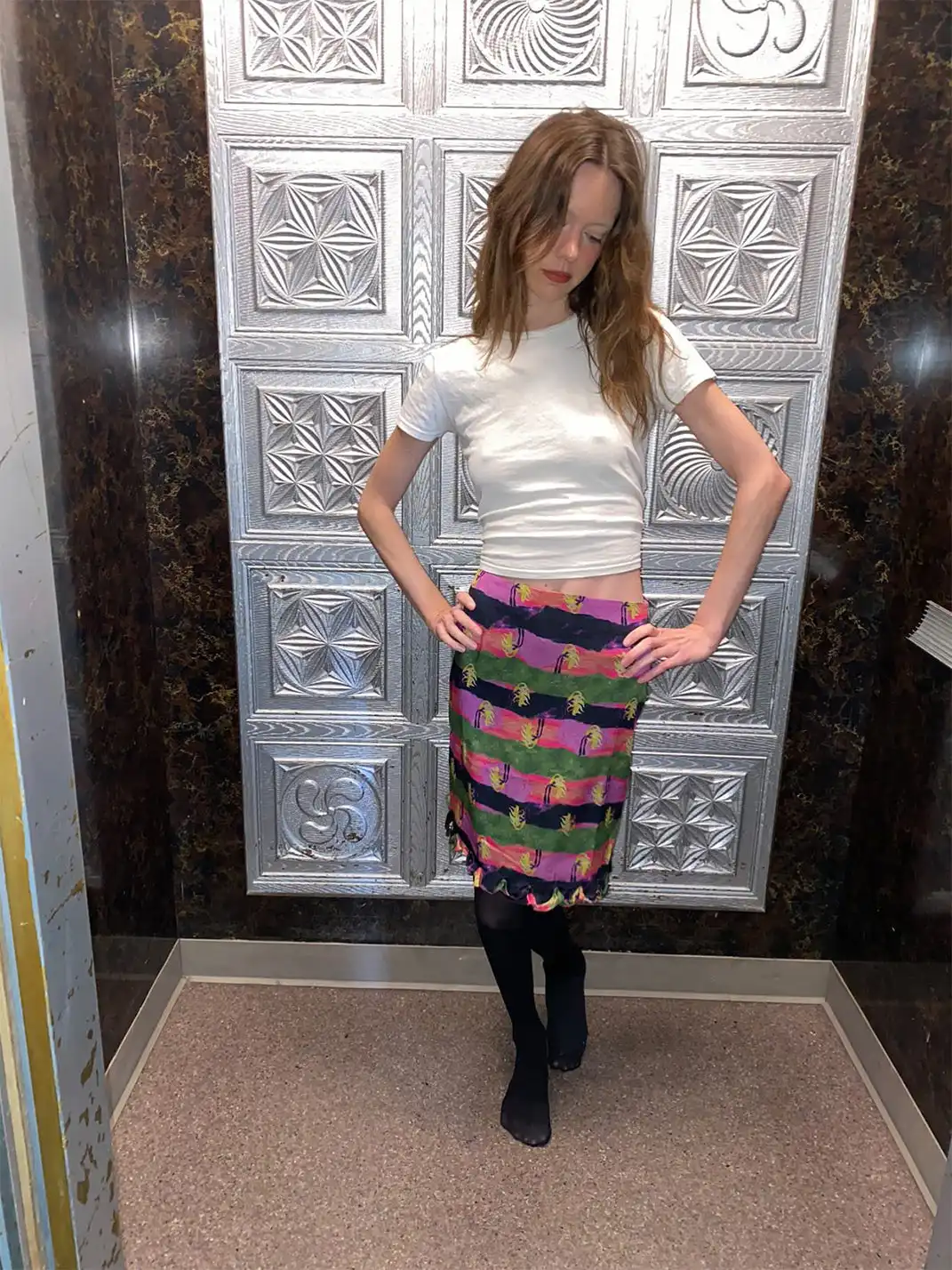 Risque Rose | Wide Stripe Silk Midi Skirt