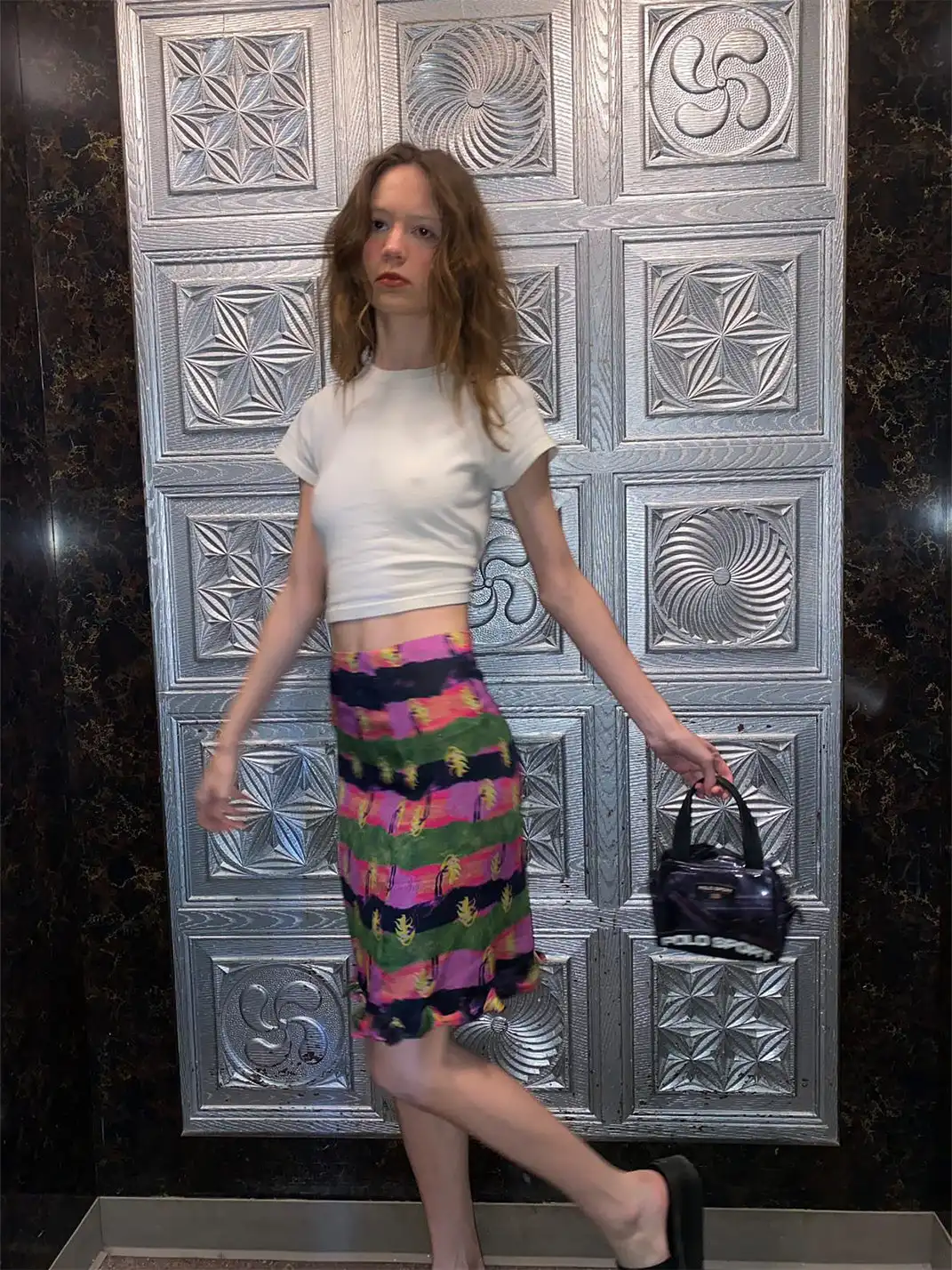 Risque Rose | Wide Stripe Silk Midi Skirt