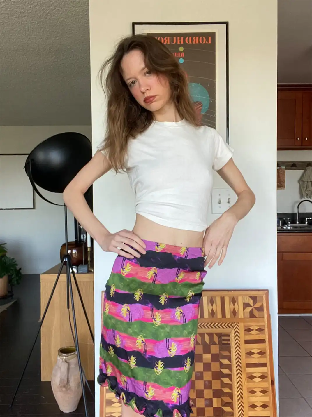 Risque Rose | Wide Stripe Silk Midi Skirt