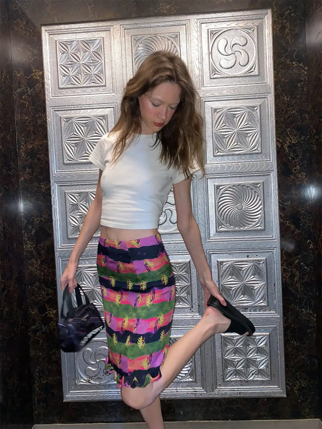 Risque Rose | Wide Stripe Silk Midi Skirt
