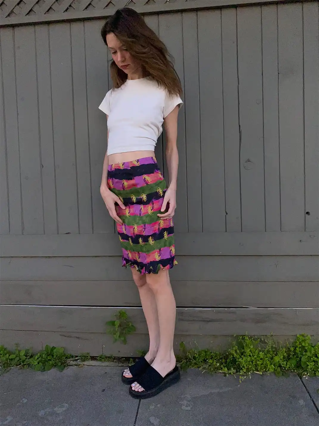 Risque Rose | Wide Stripe Silk Midi Skirt