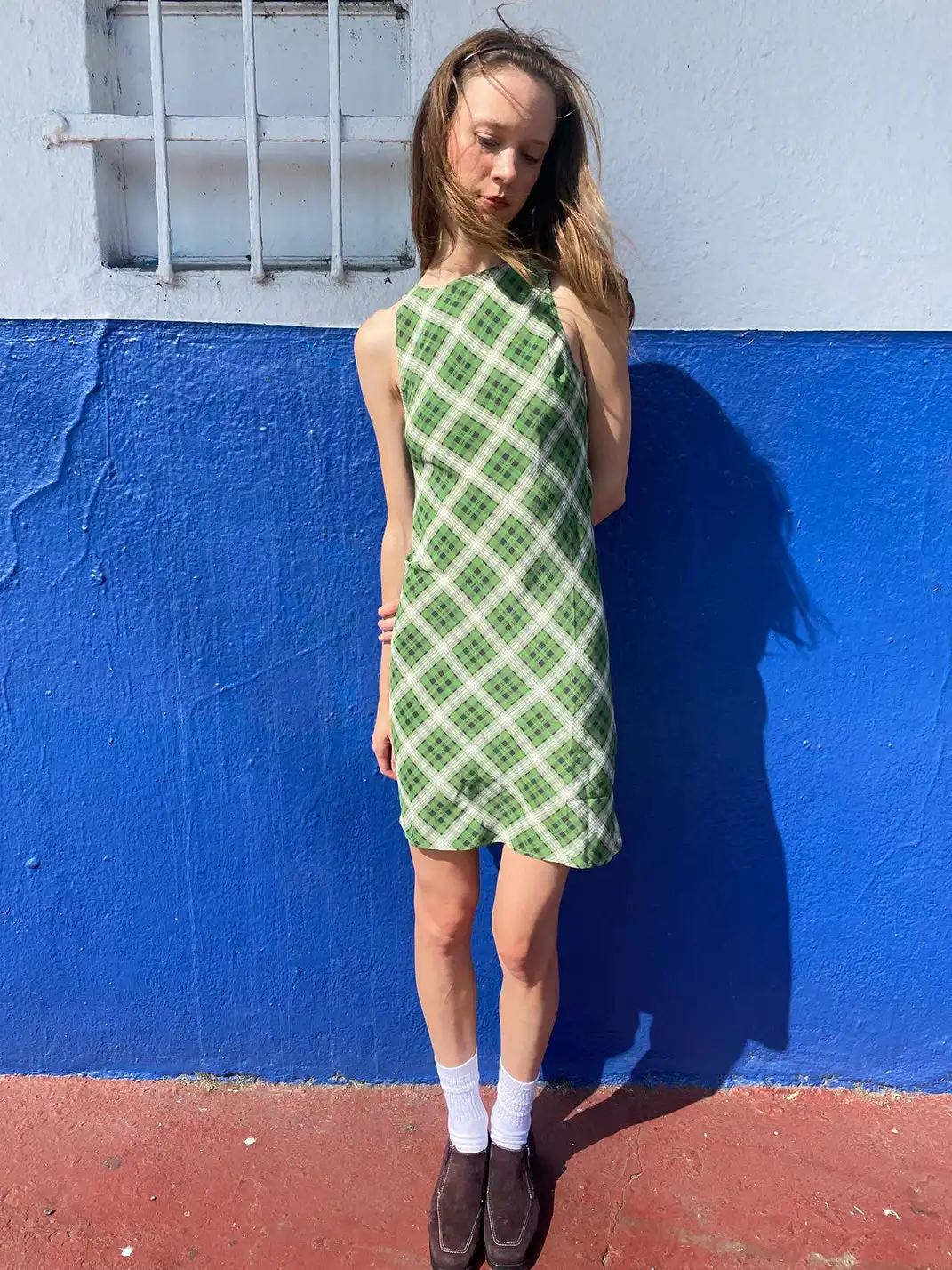Risque Rose | Green Plaid Silk Sleeveless Dress