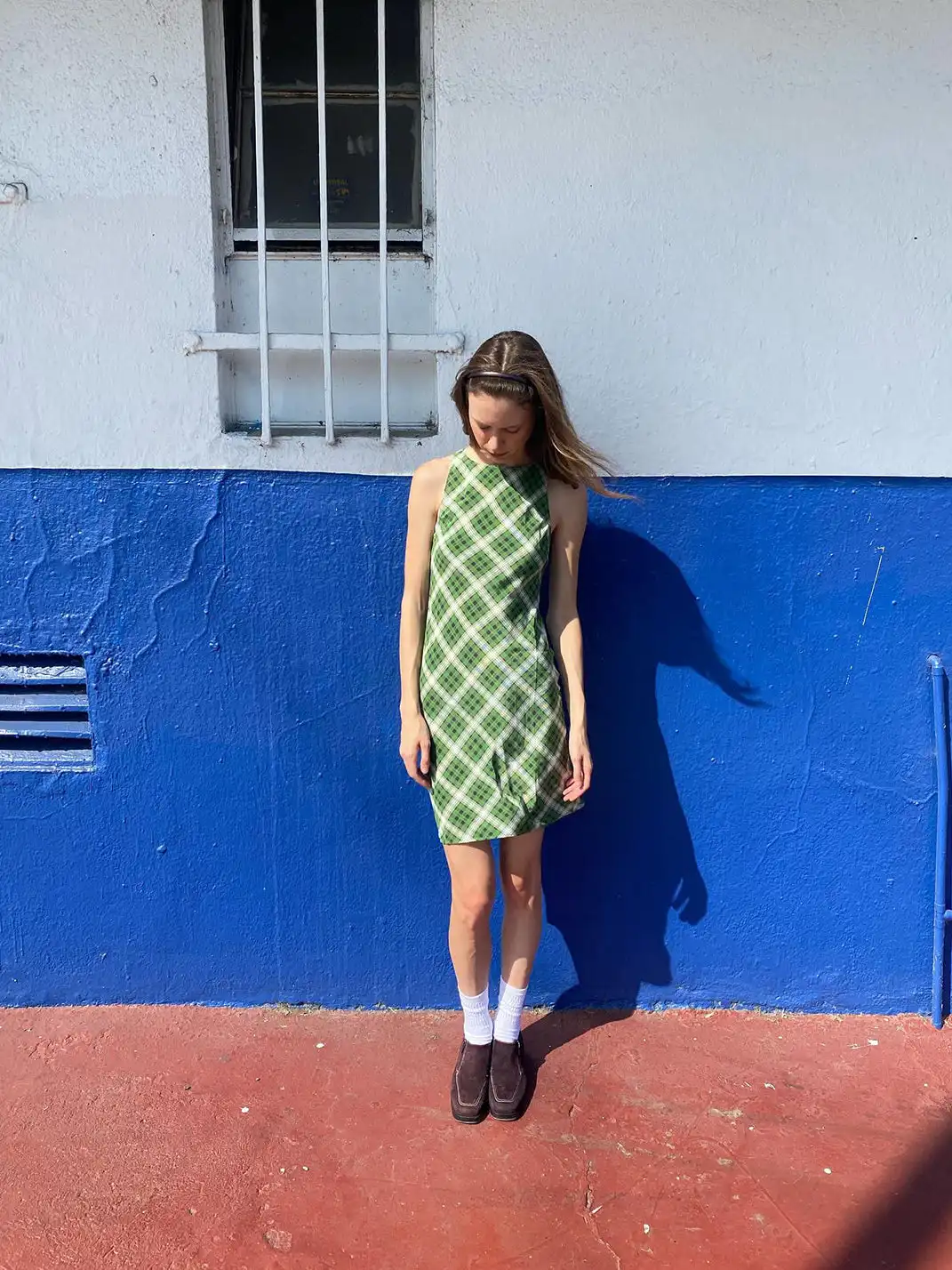 Risque Rose | Green Plaid Silk Sleeveless Dress