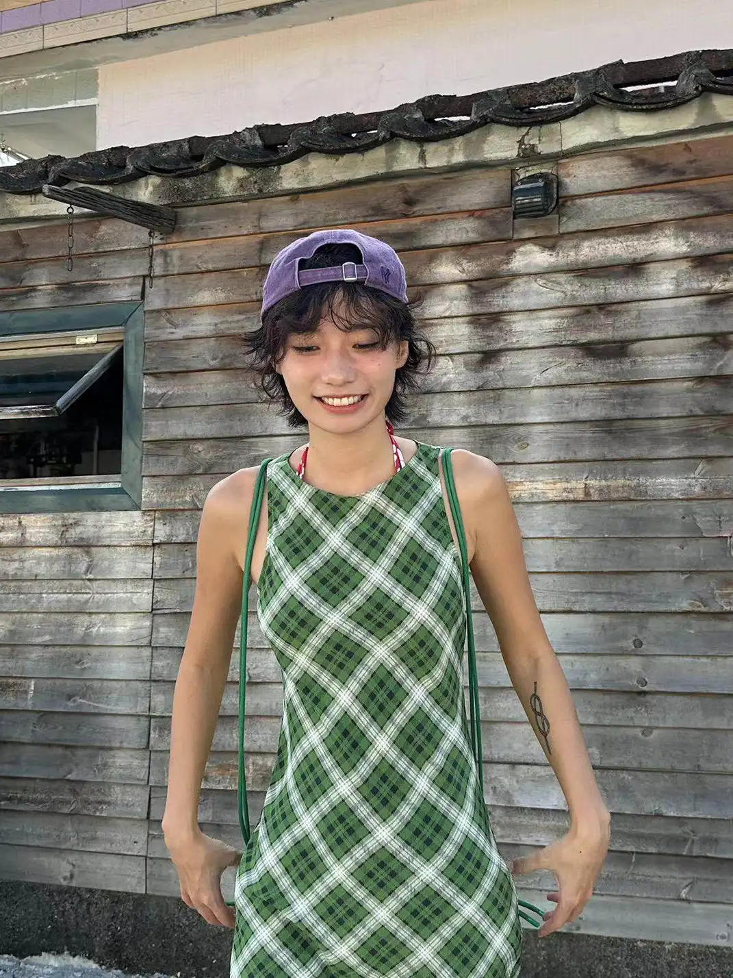 Risque Rose | Green Plaid Silk Sleeveless Dress