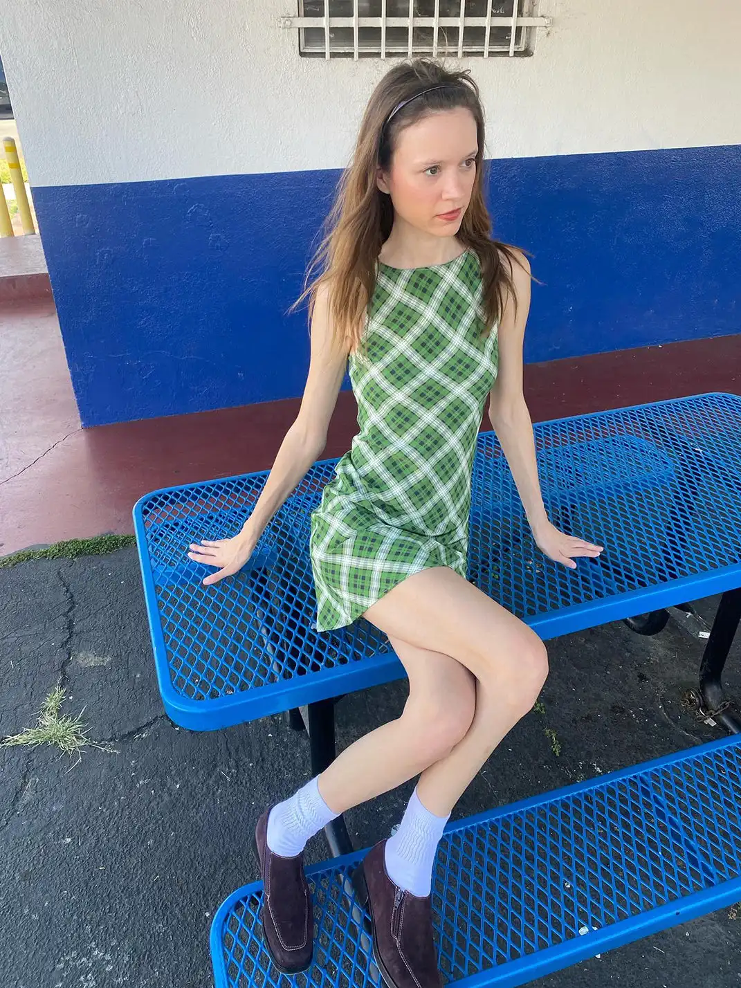 Risque Rose | Green Plaid Silk Sleeveless Dress