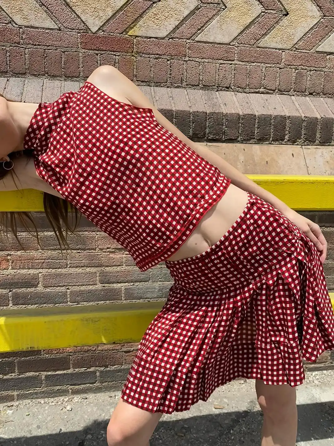 Risque Rose | Plaid Top Shorts Pleated Skirt Set