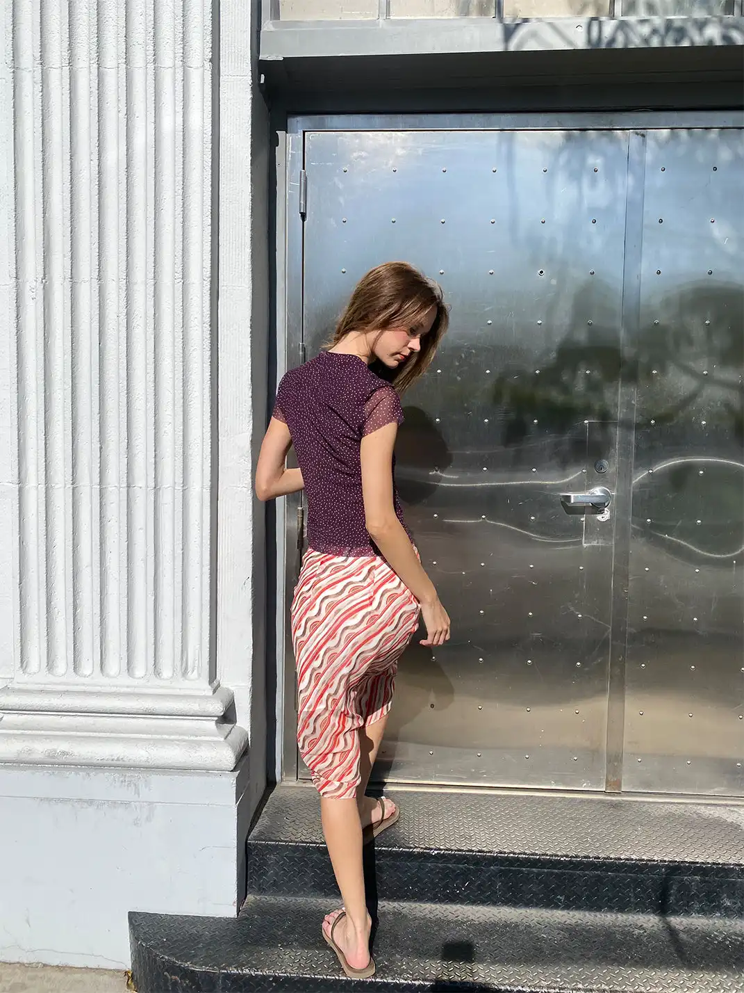 Risque Rose | Eggplant Purple Mesh Top + Striped Silk Midi Skirt