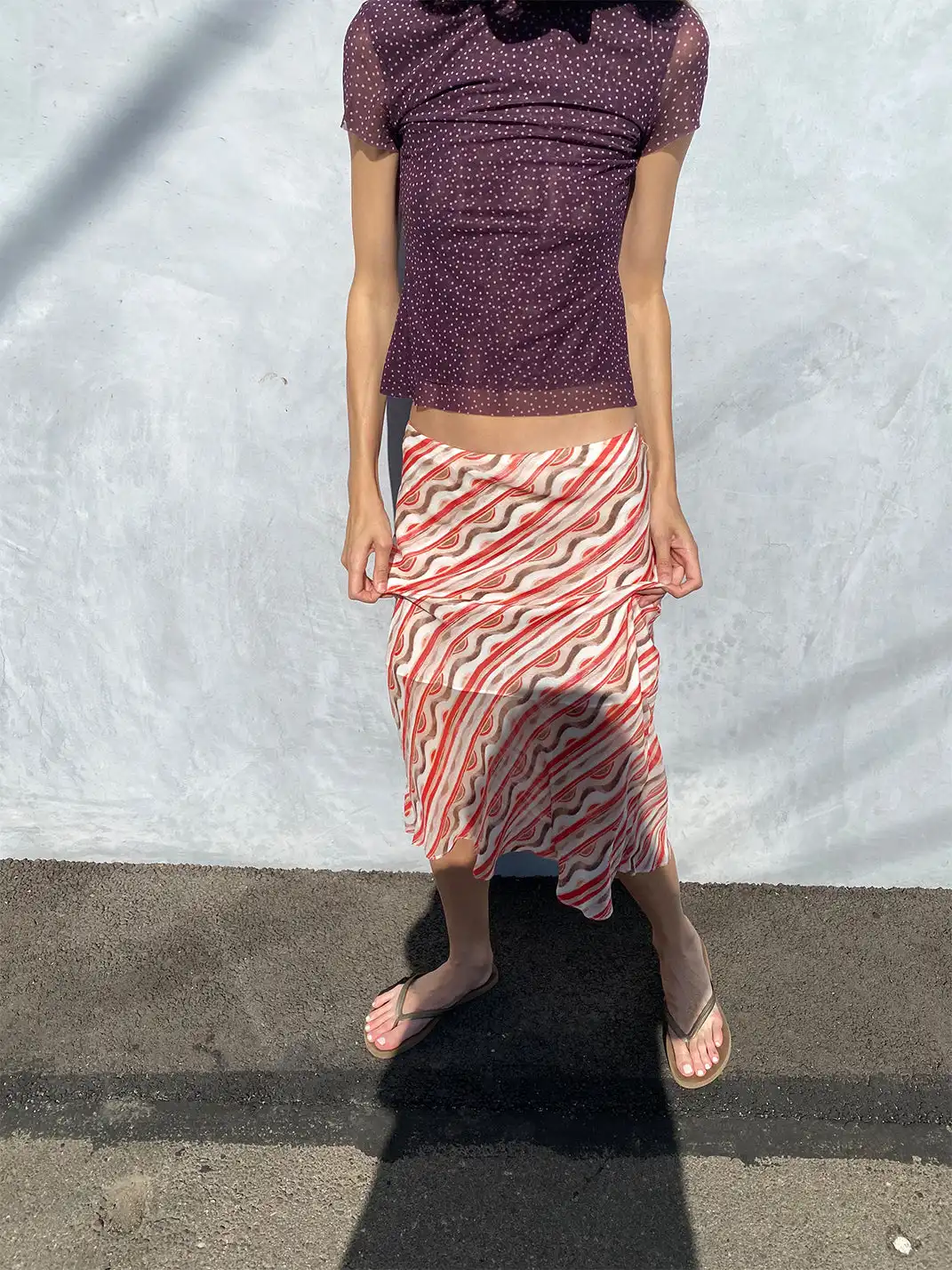 Risque Rose | Eggplant Purple Mesh Top + Striped Silk Midi Skirt