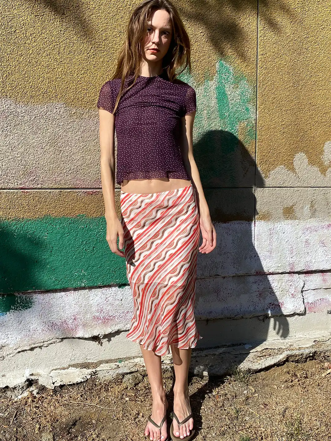 Risque Rose | Eggplant Purple Mesh Top + Striped Silk Midi Skirt