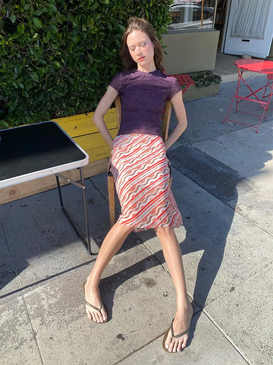 Risque Rose | Eggplant Purple Mesh Top + Striped Silk Midi Skirt