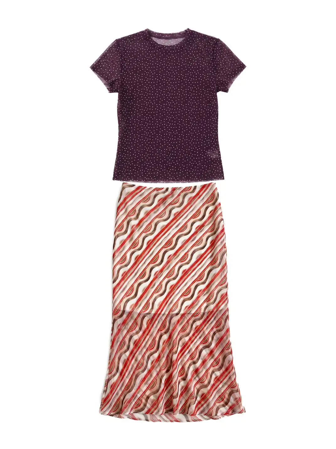Risque Rose | Eggplant Purple Mesh Top + Striped Silk Midi Skirt