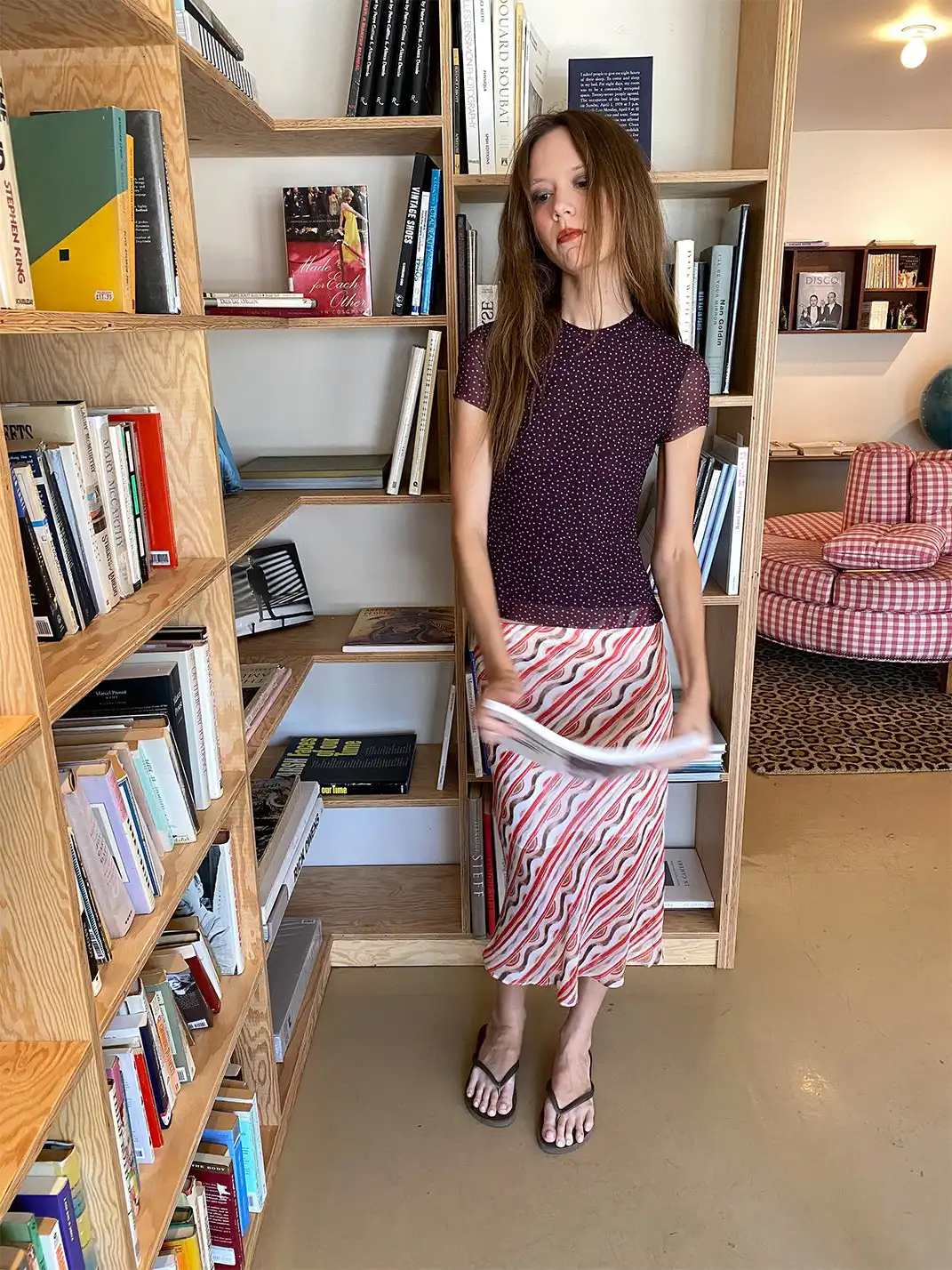 Risque Rose | Eggplant Purple Mesh Top + Striped Silk Midi Skirt
