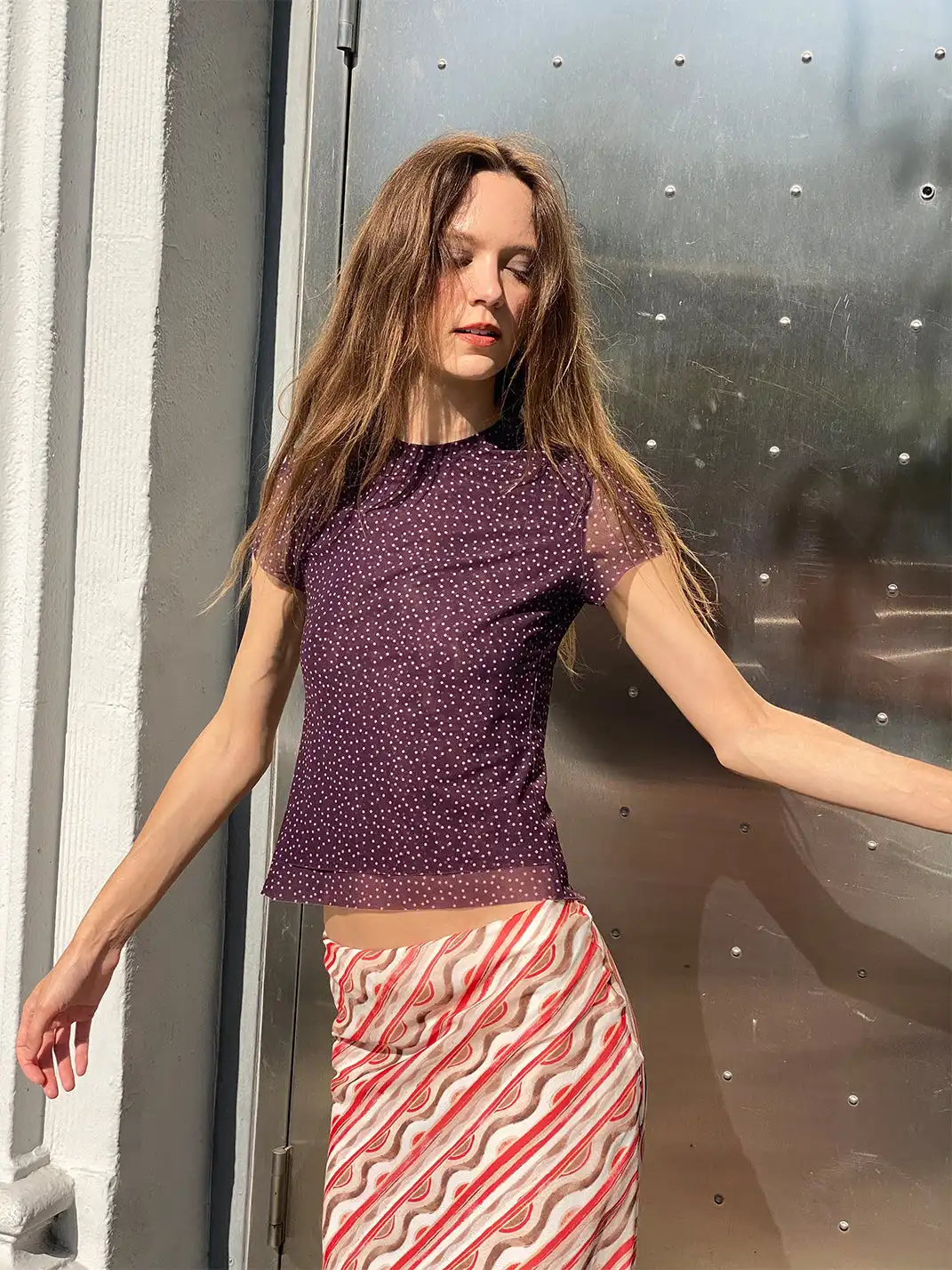 Risque Rose | Eggplant Purple Mesh Top + Striped Silk Midi Skirt