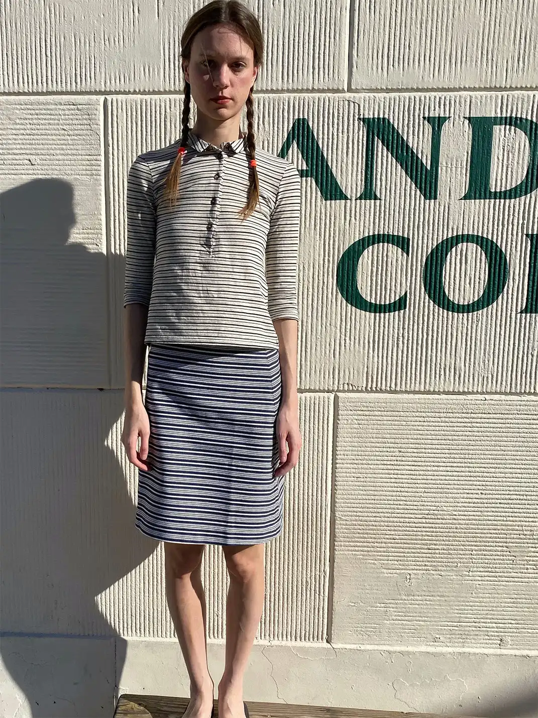 Risque Rose | Cotton And Linen Striped T-Shirt + Denim Skirt