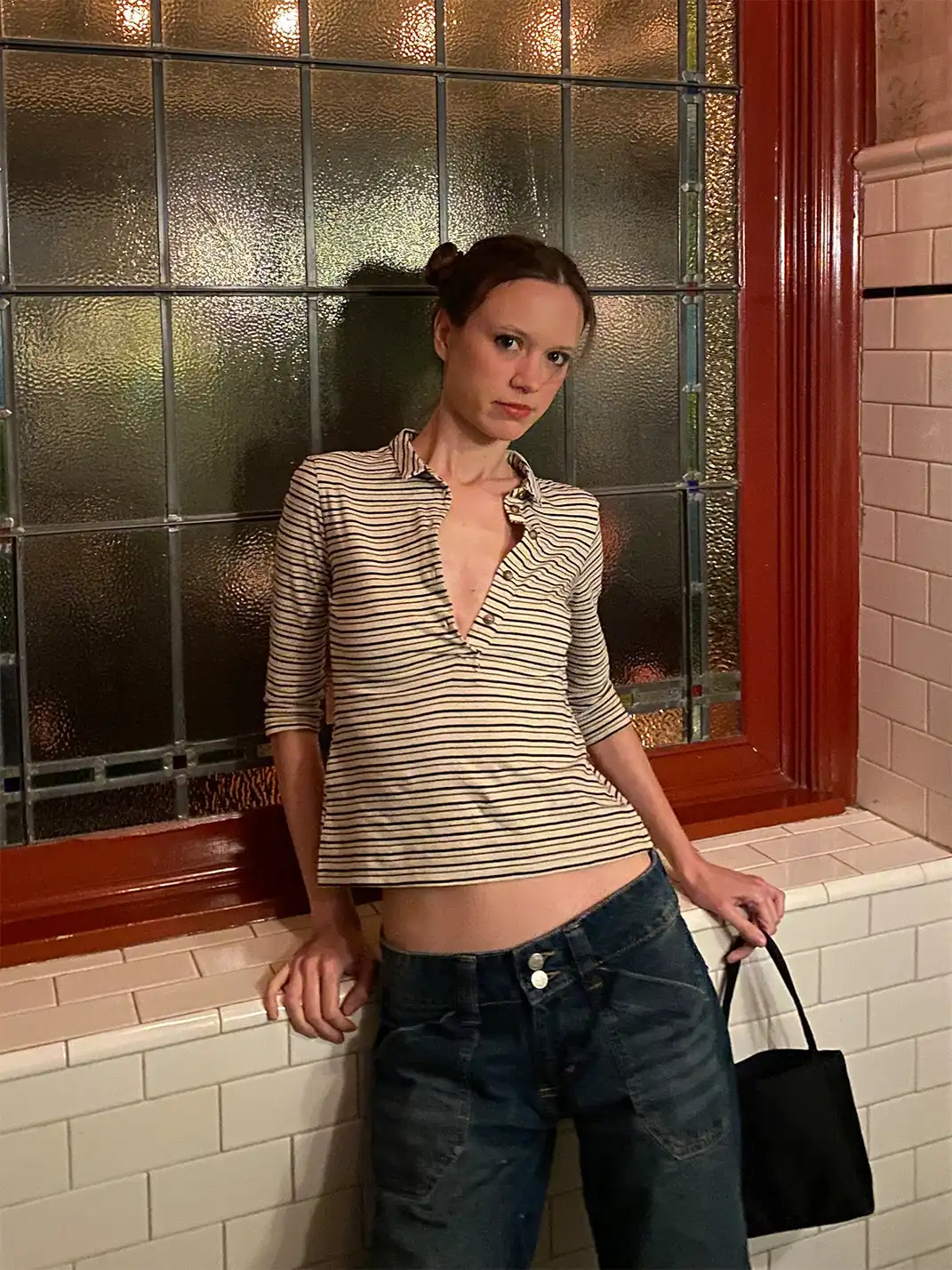 Risque Rose | Cotton And Linen Striped T-Shirt + Denim Skirt