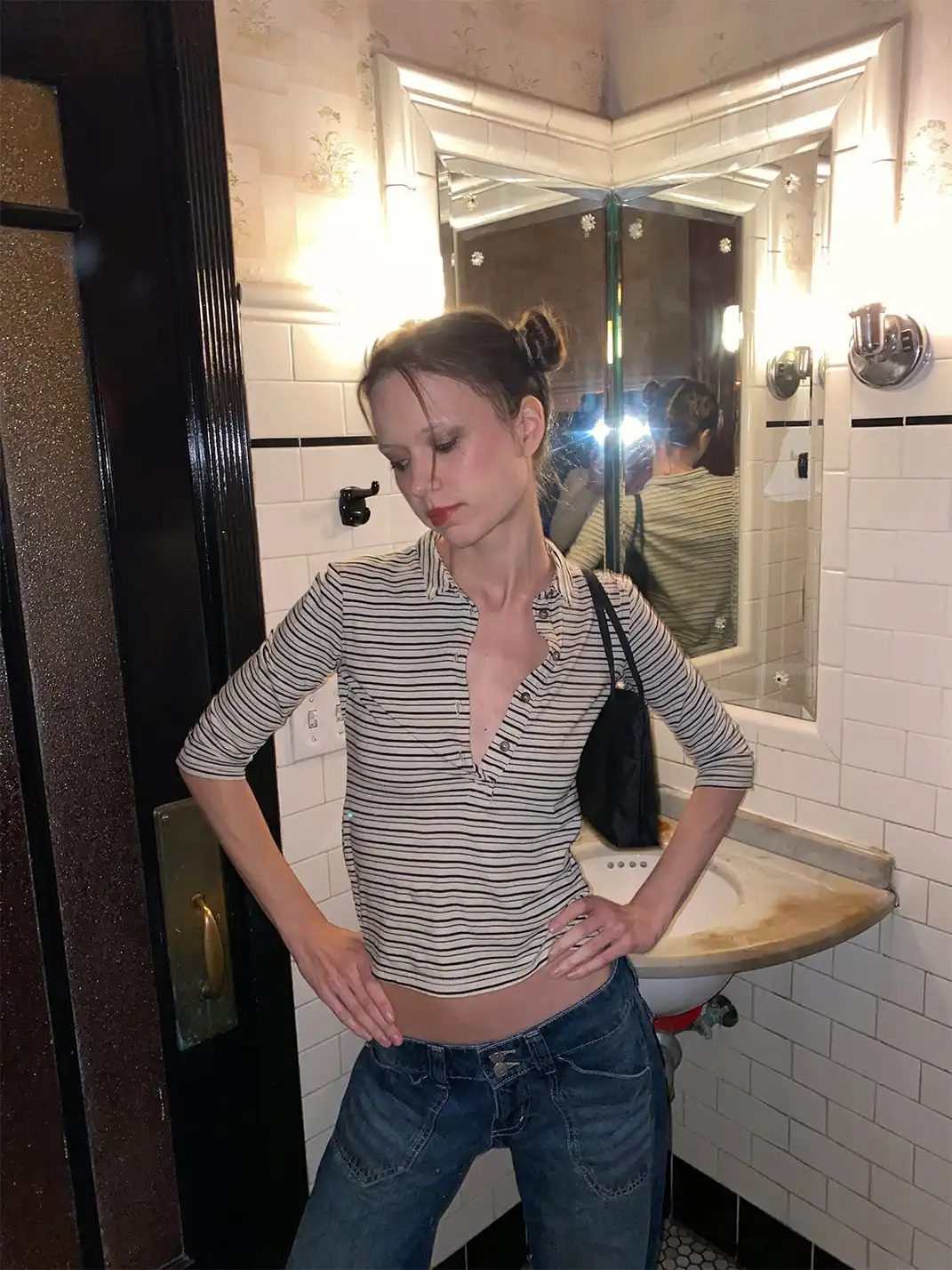 Risque Rose | Cotton And Linen Striped T-Shirt + Denim Skirt