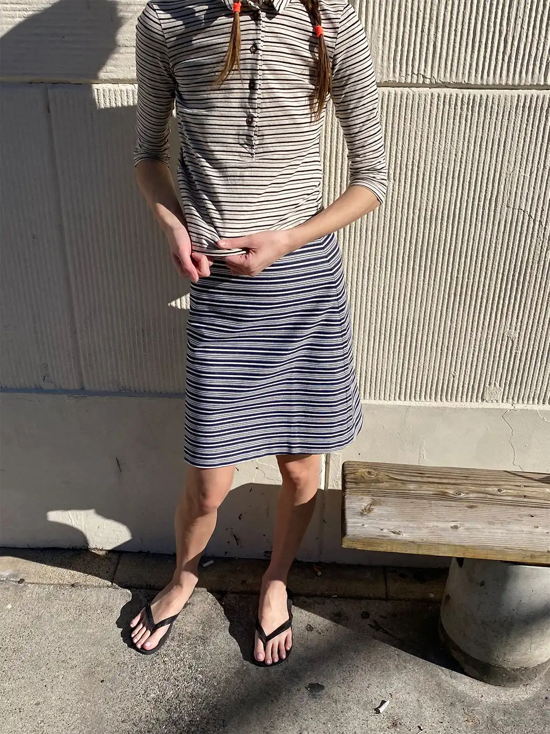Risque Rose | Cotton And Linen Striped T-Shirt + Denim Skirt