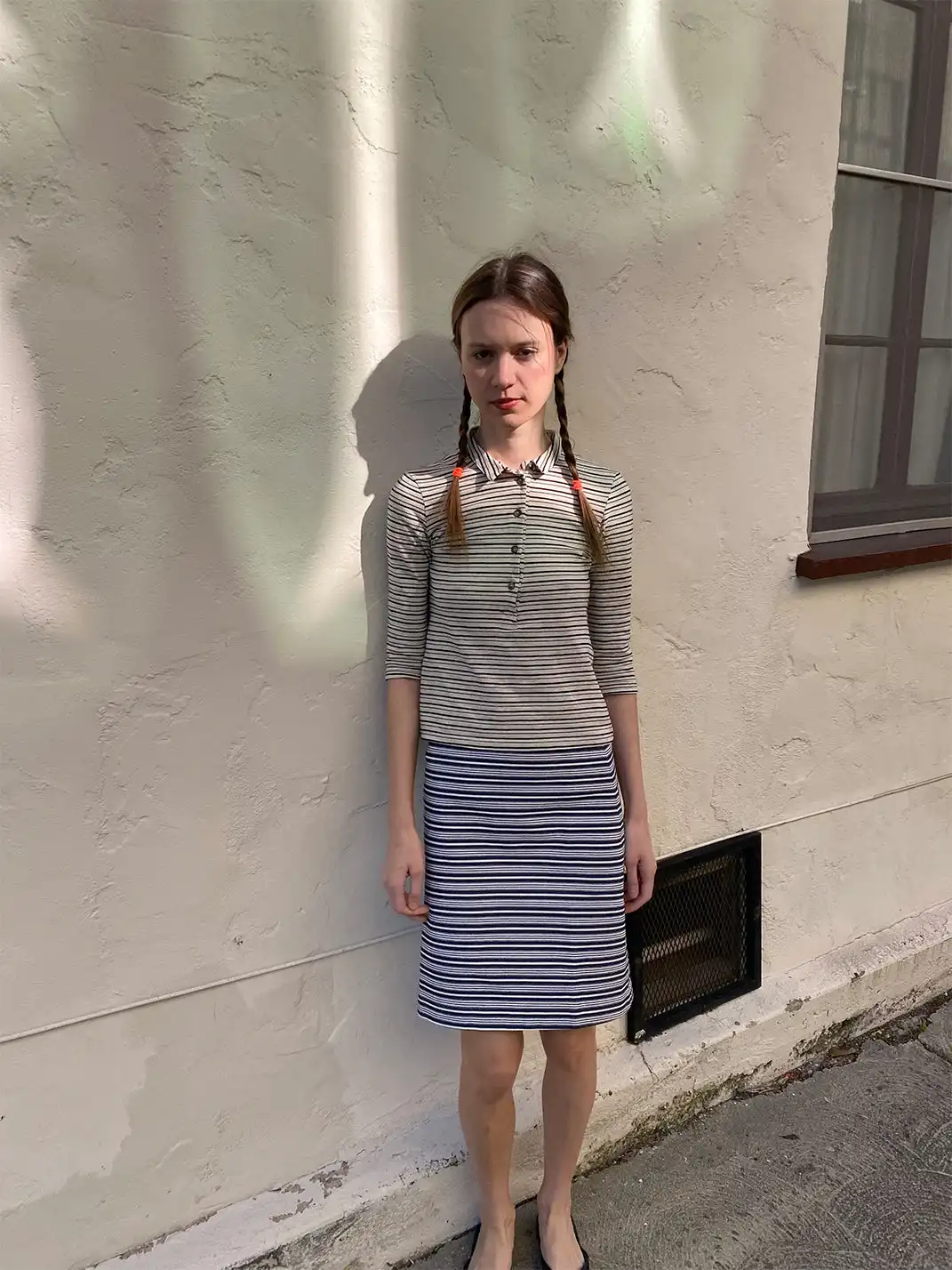 Risque Rose | Cotton And Linen Striped T-Shirt + Denim Skirt
