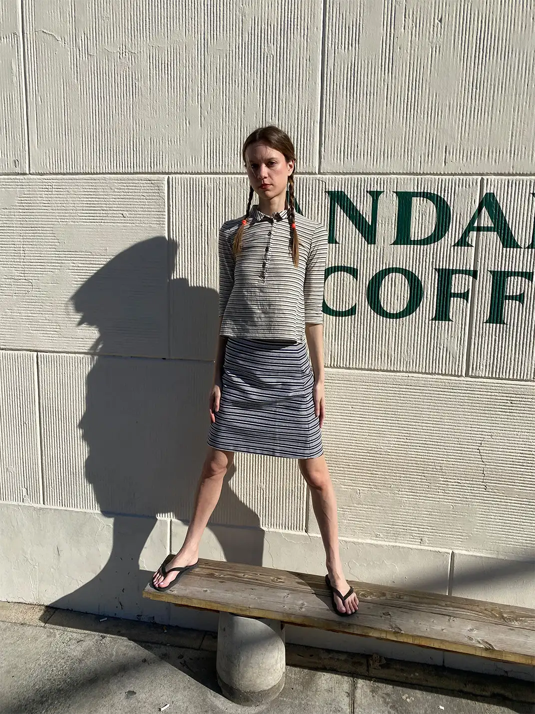 Risque Rose | Cotton And Linen Striped T-Shirt + Denim Skirt