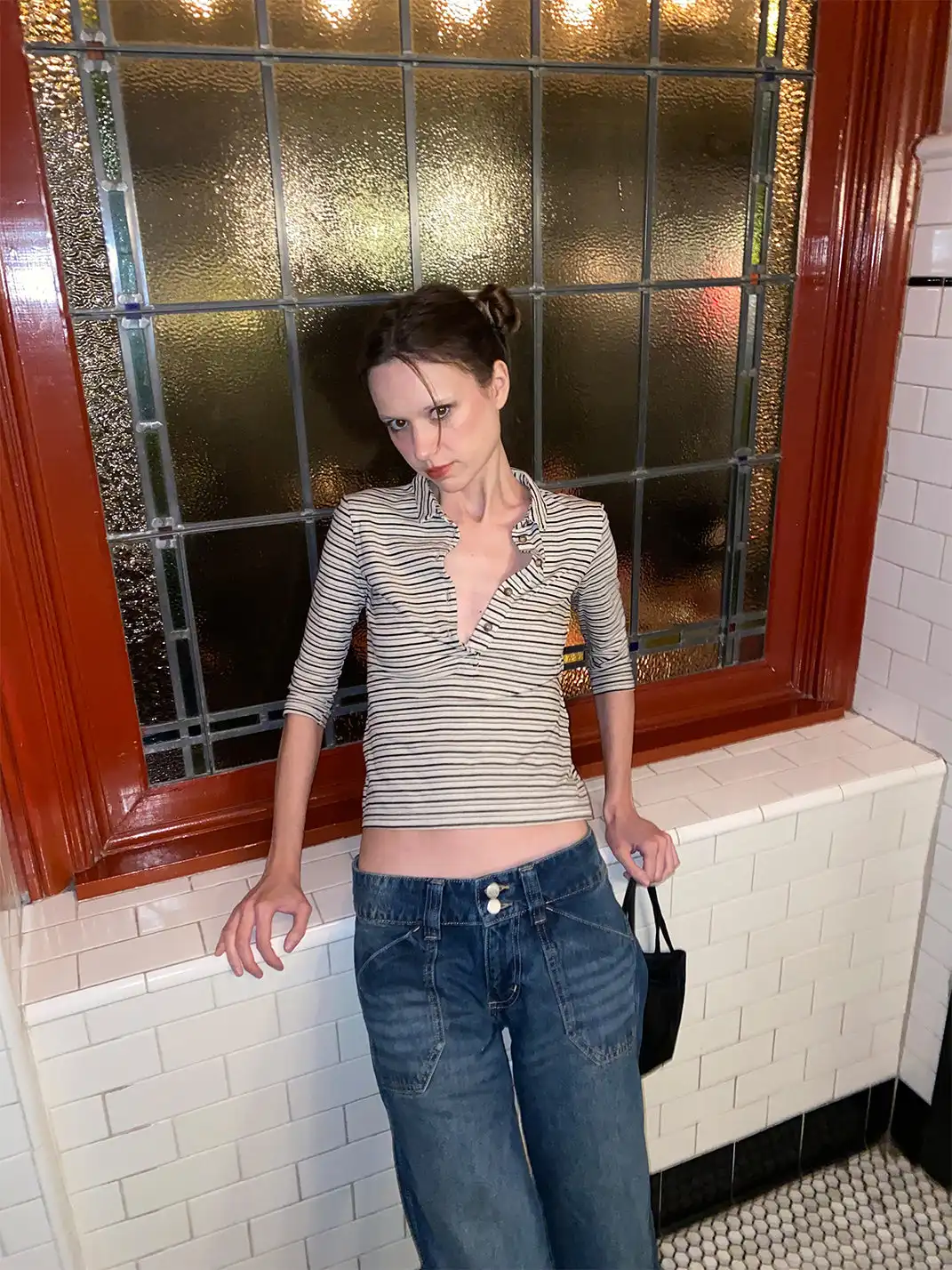 Risque Rose | Cotton And Linen Striped T-Shirt + Denim Skirt