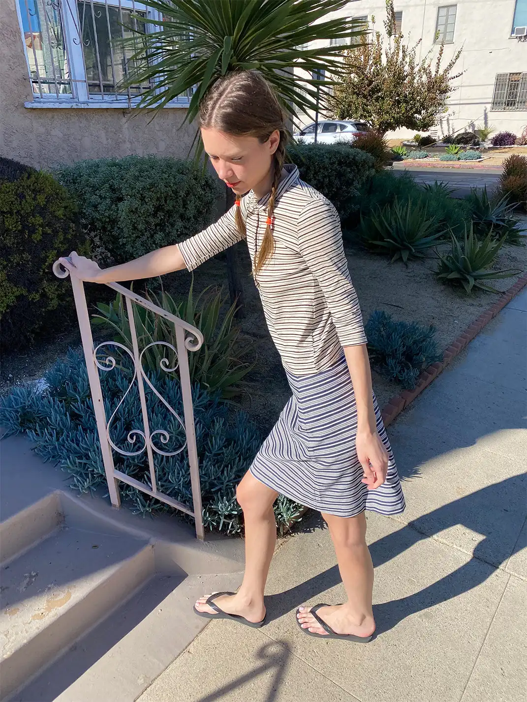 Risque Rose | Cotton And Linen Striped T-Shirt + Denim Skirt