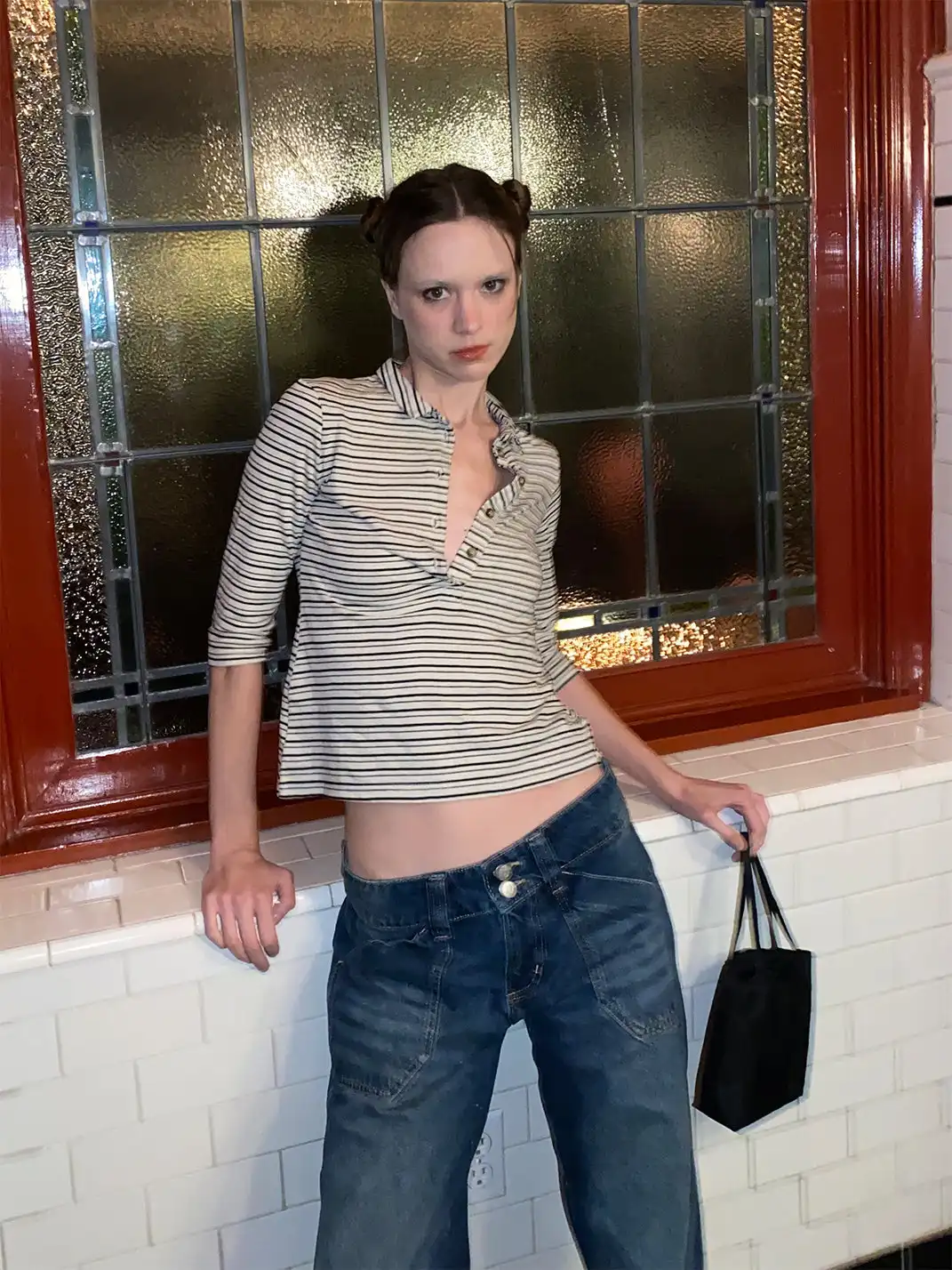 Risque Rose | Cotton And Linen Striped T-Shirt + Denim Skirt