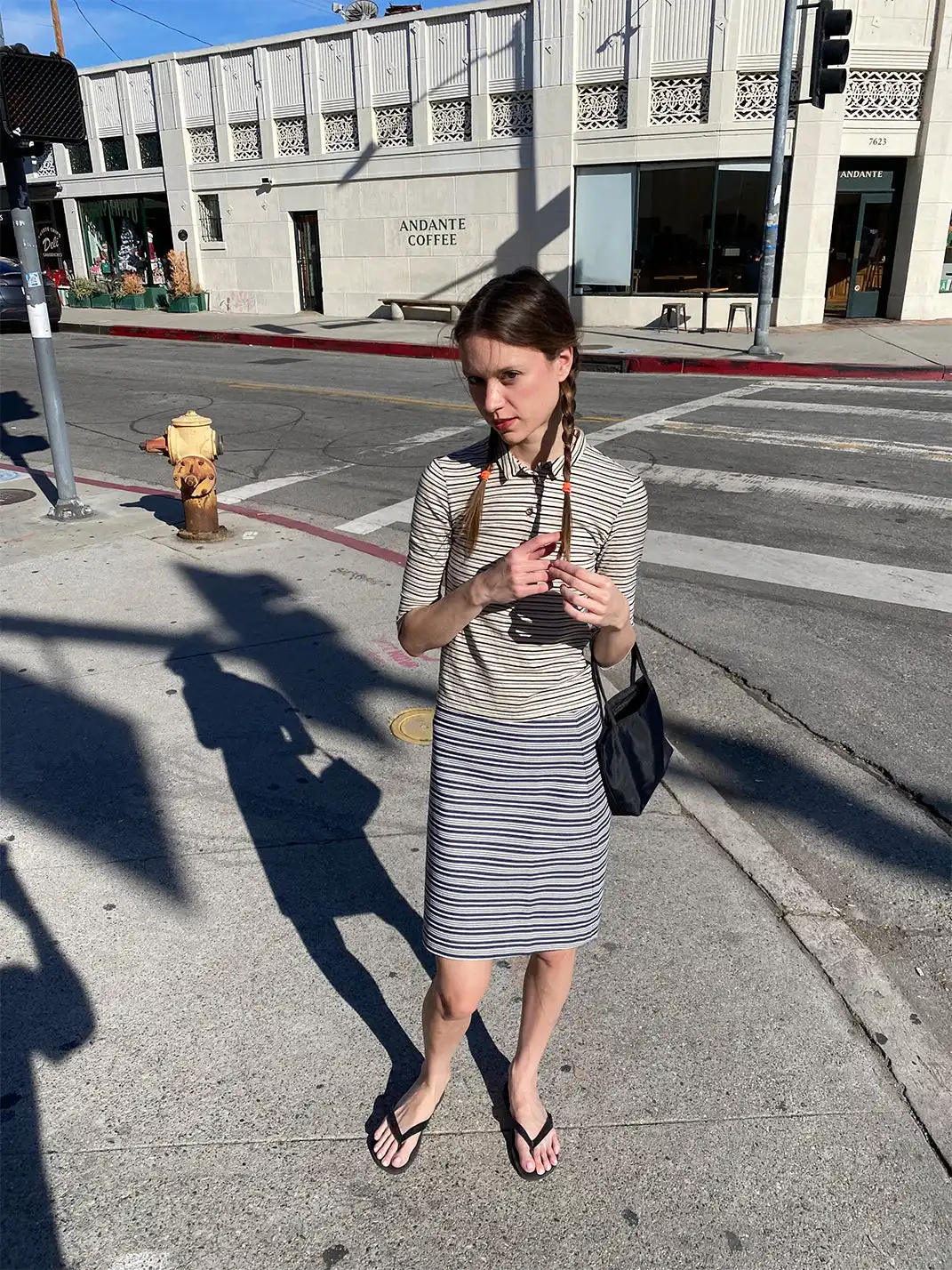 Risque Rose | Cotton And Linen Striped T-Shirt + Denim Skirt