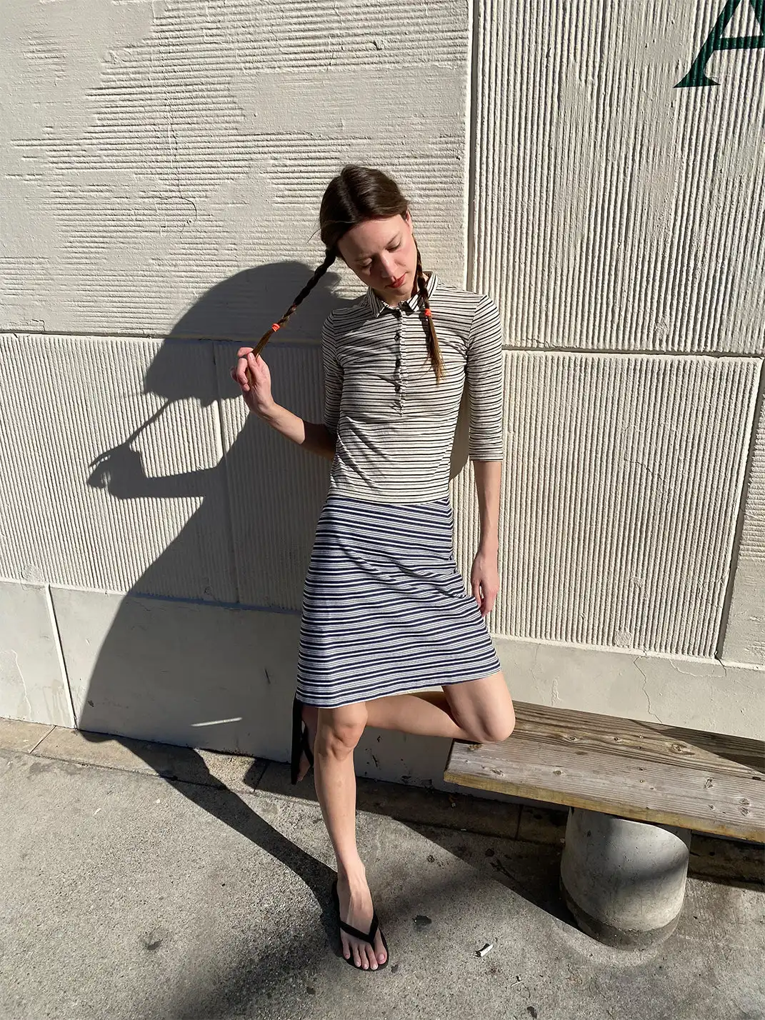 Risque Rose | Cotton And Linen Striped T-Shirt + Denim Skirt