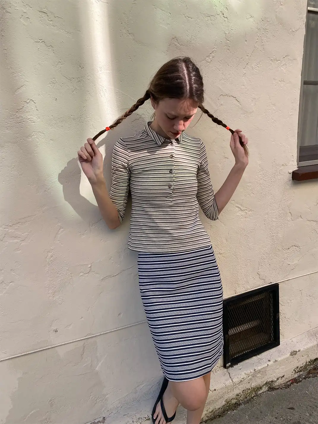 Risque Rose | Cotton And Linen Striped T-Shirt + Denim Skirt