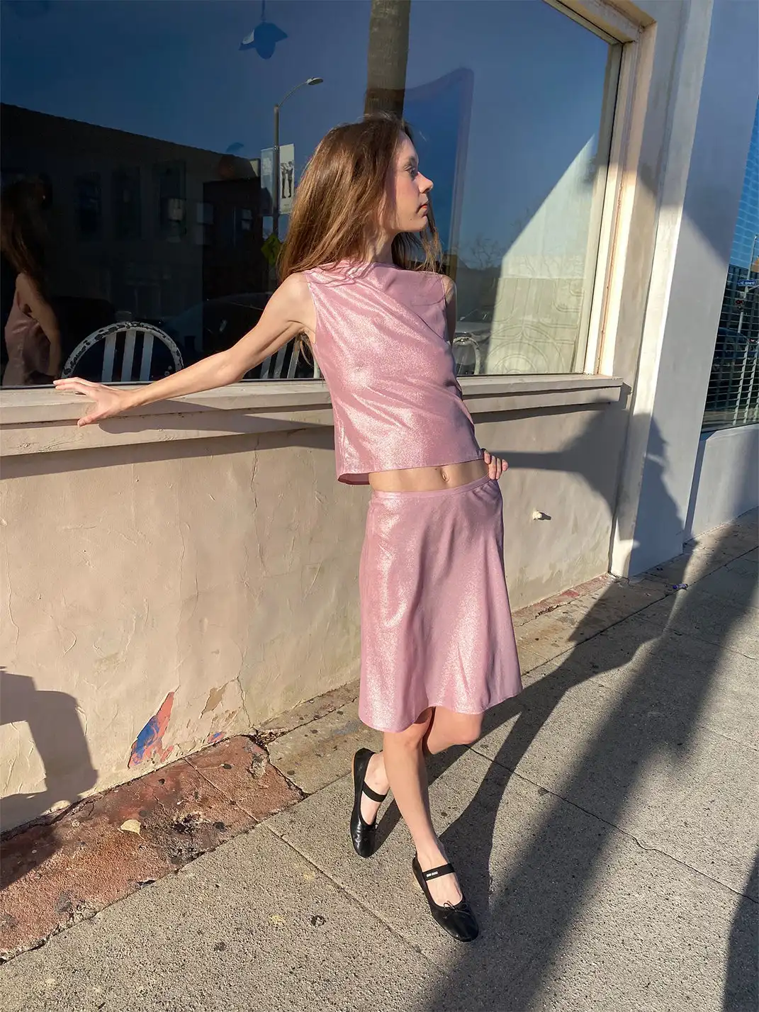 Risque Rose | Pearl Pink Silver Hot Stamping Silk Tank Top & Skirt Set