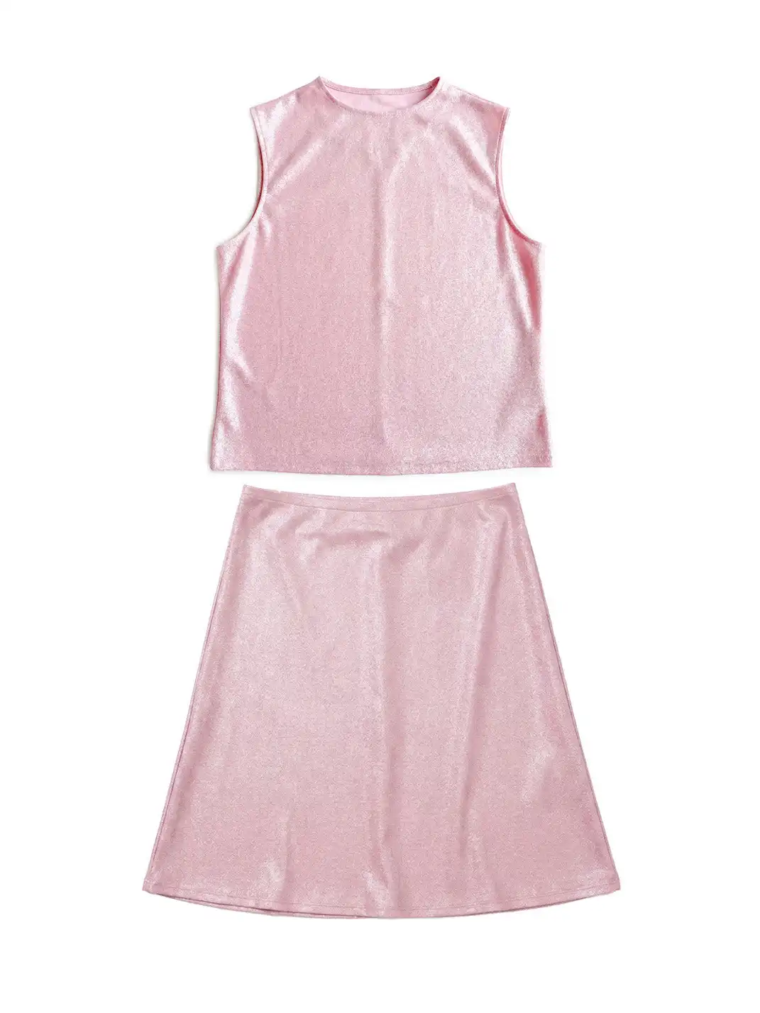 Risque Rose | Pearl Pink Silver Hot Stamping Silk Tank Top & Skirt Set